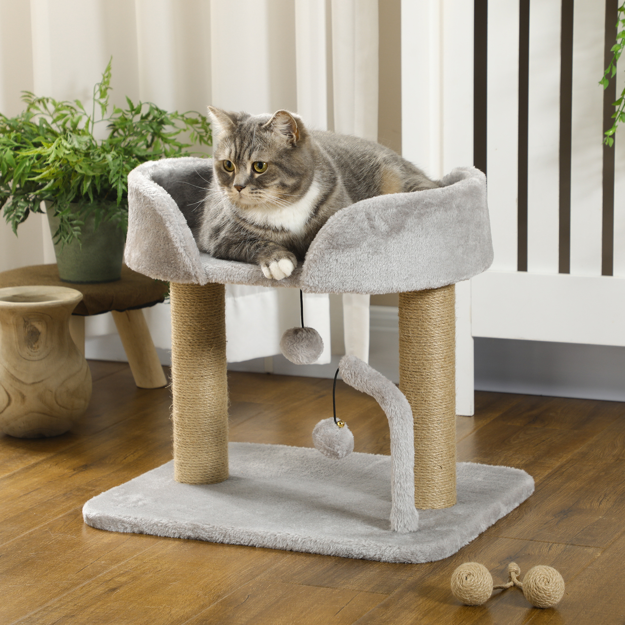 Kratzbaum, 42 cm kleiner Katzenbaum mit Jute-Kratzpfosten, Plattform, Grau