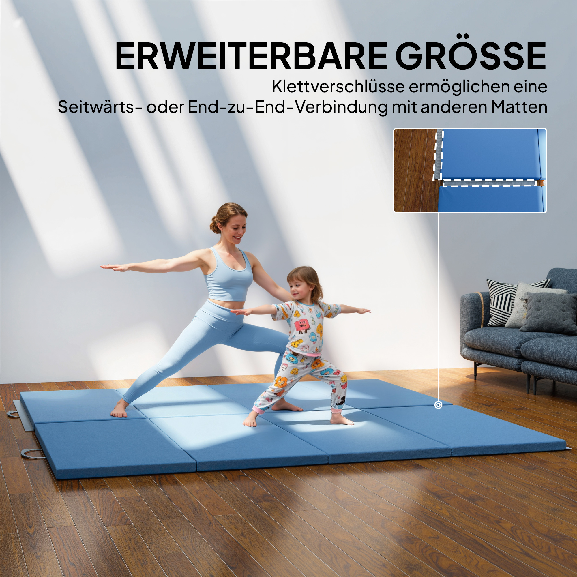 Trainingsmatte, Faltbare Fitnessmatte Sportmatte mit Griffen für Yoga, MMA, Fitness, Pilates 240 x 120 x 5 cm Hellblau