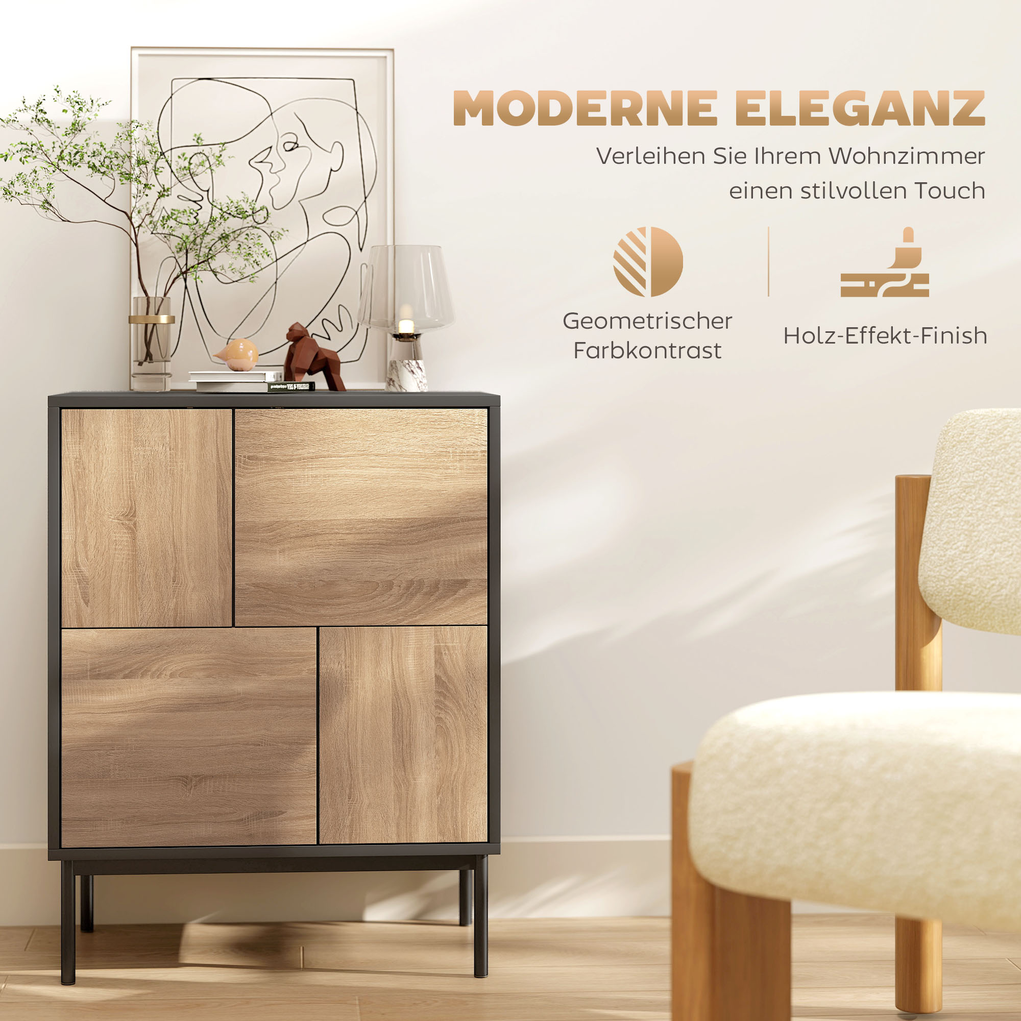 Sideboard mit Push-to-Open Türen, Esszimmerschrank mit Metallbeinen, Küchenschrank, MDF, Schwarz+Naturholz
