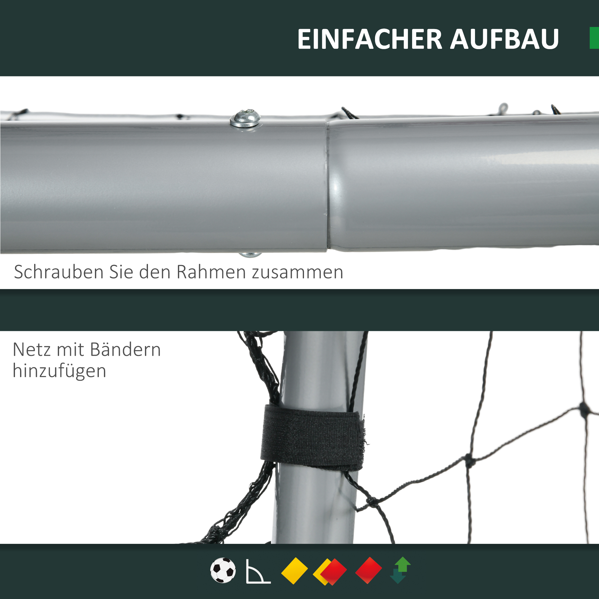 Fußballtor wetterfest, stabiles Metallgestell, reißfestes Netz, 160H x 240L x 85B cm, Grau