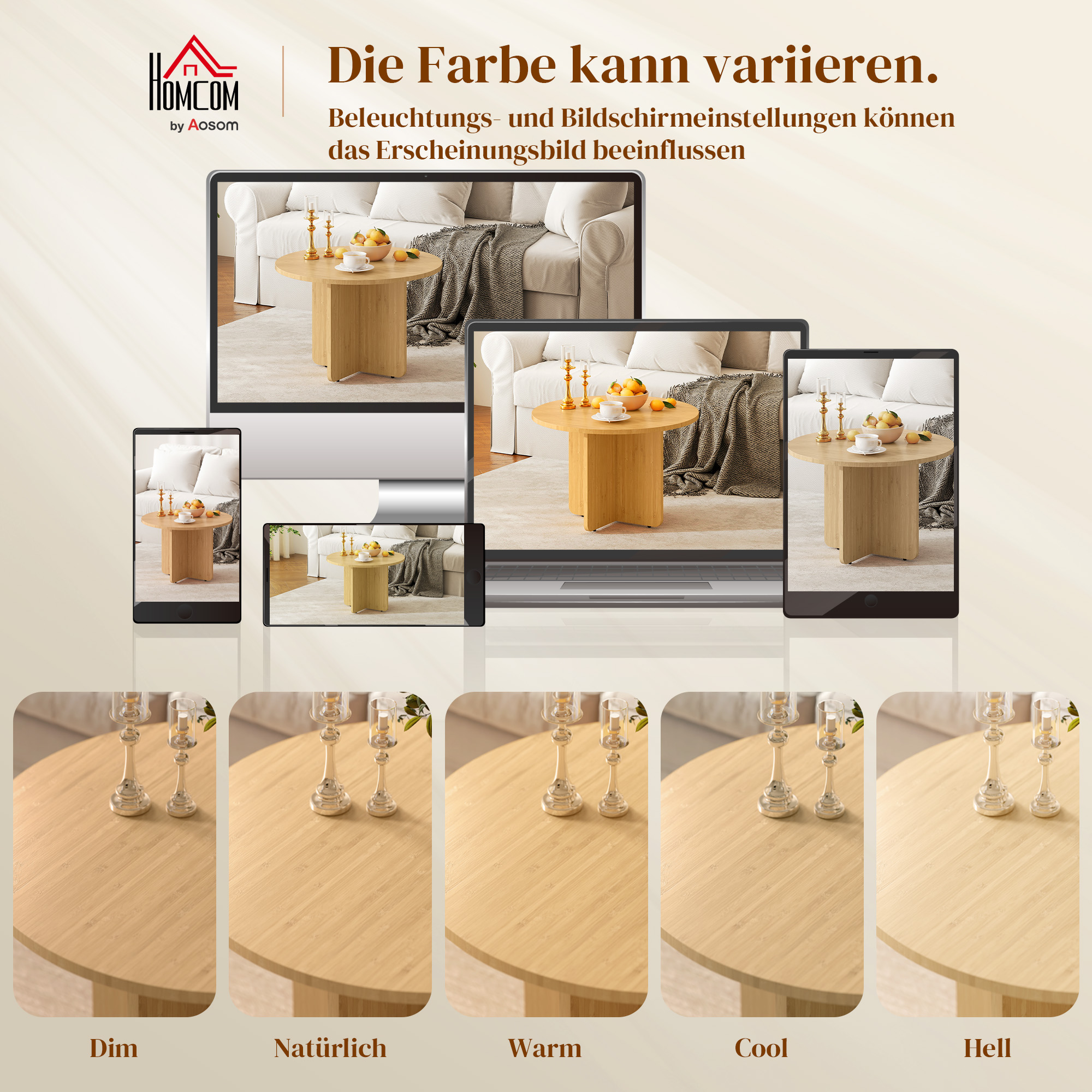 Runder Couchtisch, Bambus-Wohnzimmertisch mit Kreuzfuß, Natur