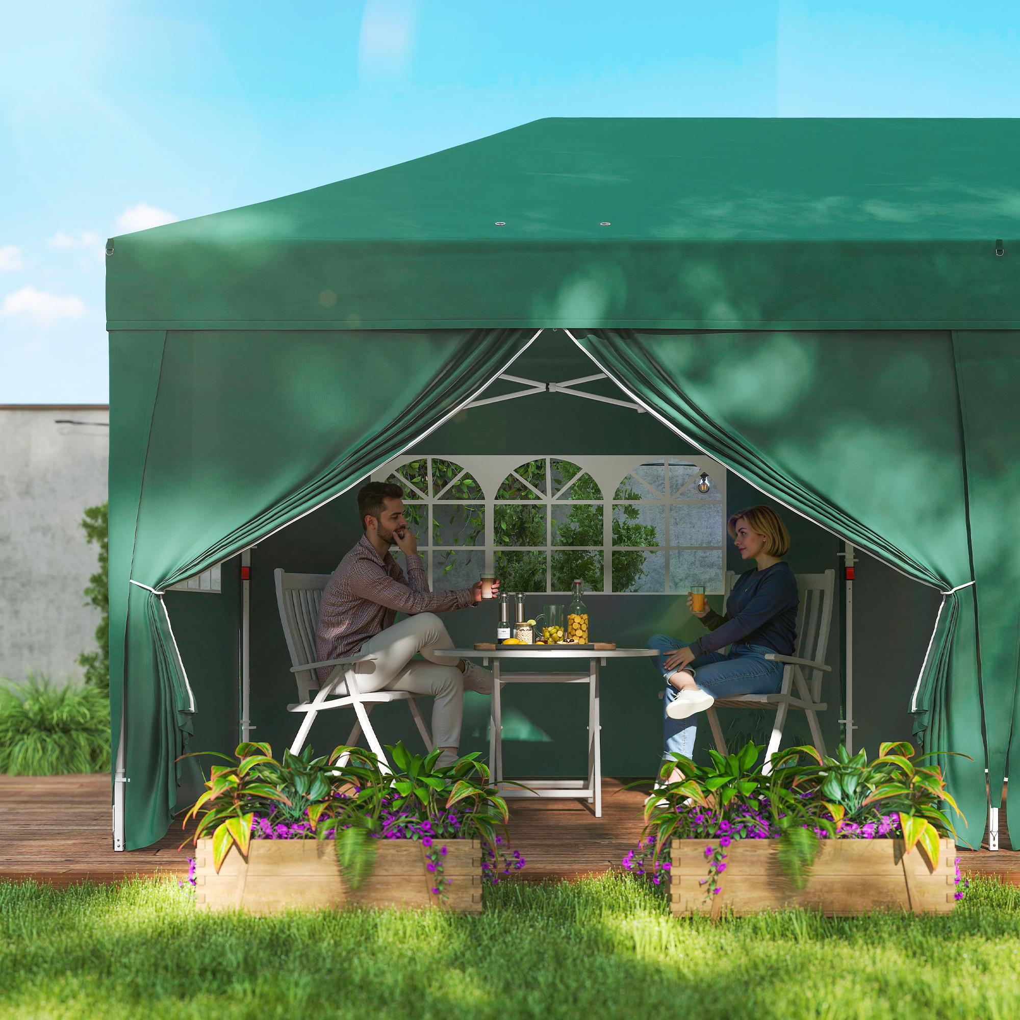 Pavillon ca. 6x3m Stabil Winterfest Pop-up Faltpavillon mit Fenster Reißverschlusstür Seitenteilen UV Schutz