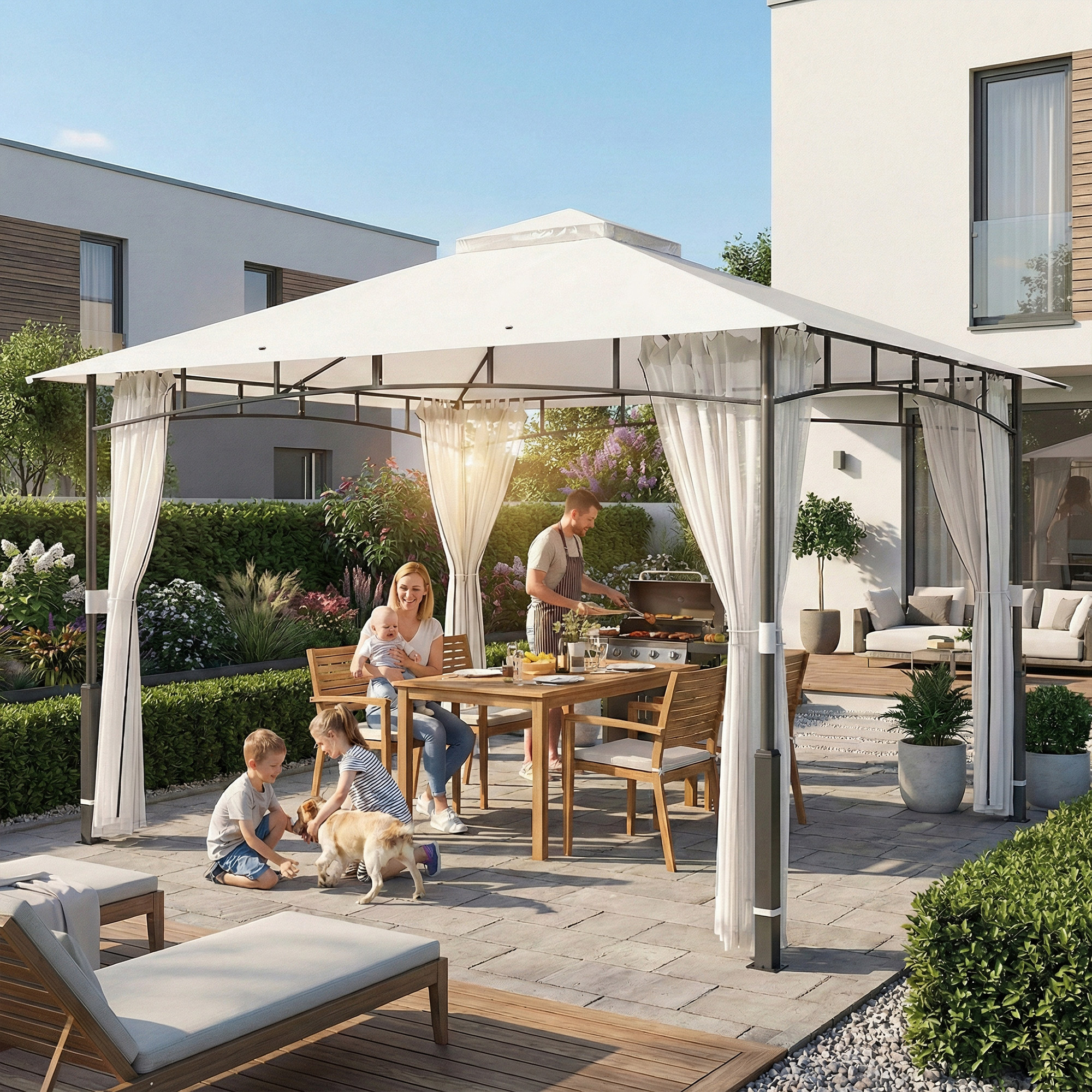 Pavillon, 3x3,6 m wasserabweisend Stabil Gartenpavillon mit Moskitonetz, Doppeldach, für Garten, Terrasse, Schwarz