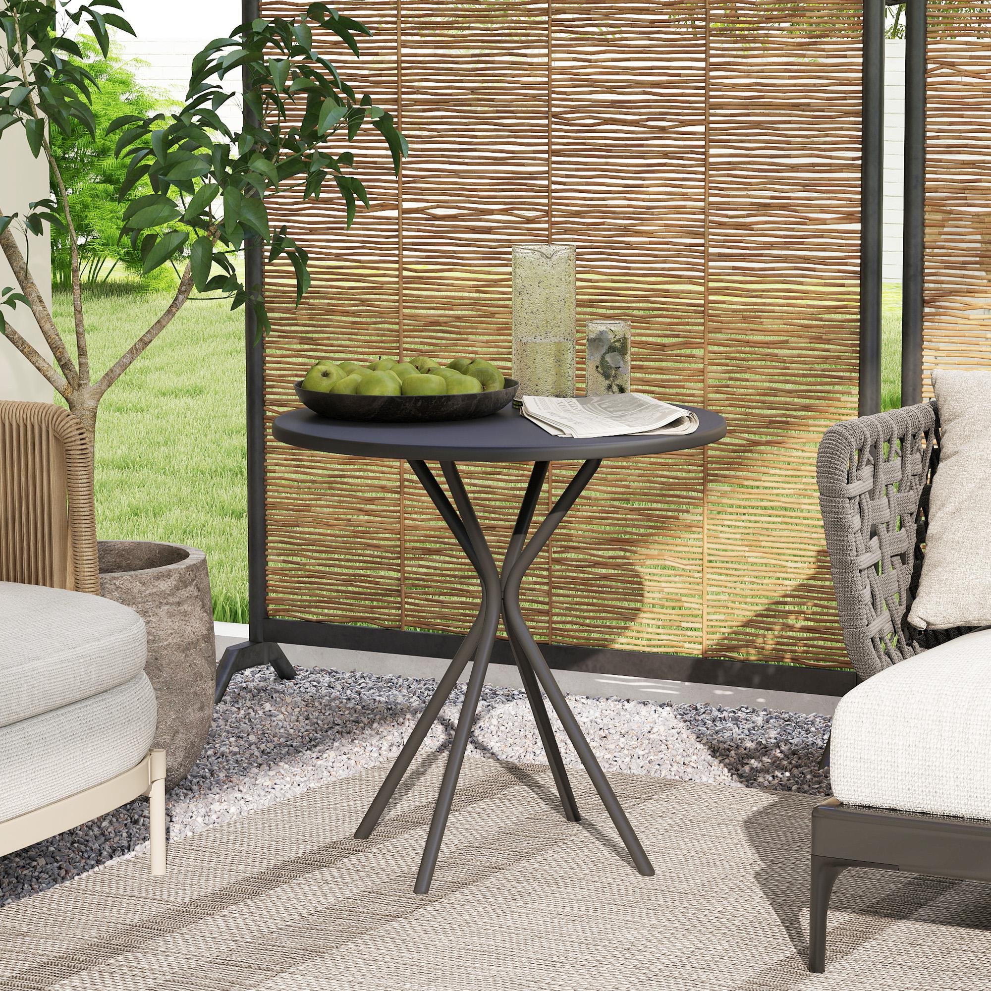 Gartentisch Ø60 x 70 cm, Wetterfest Balkontisch aus Stahl, Runder Esstisch mit Fußpolster Schwarz