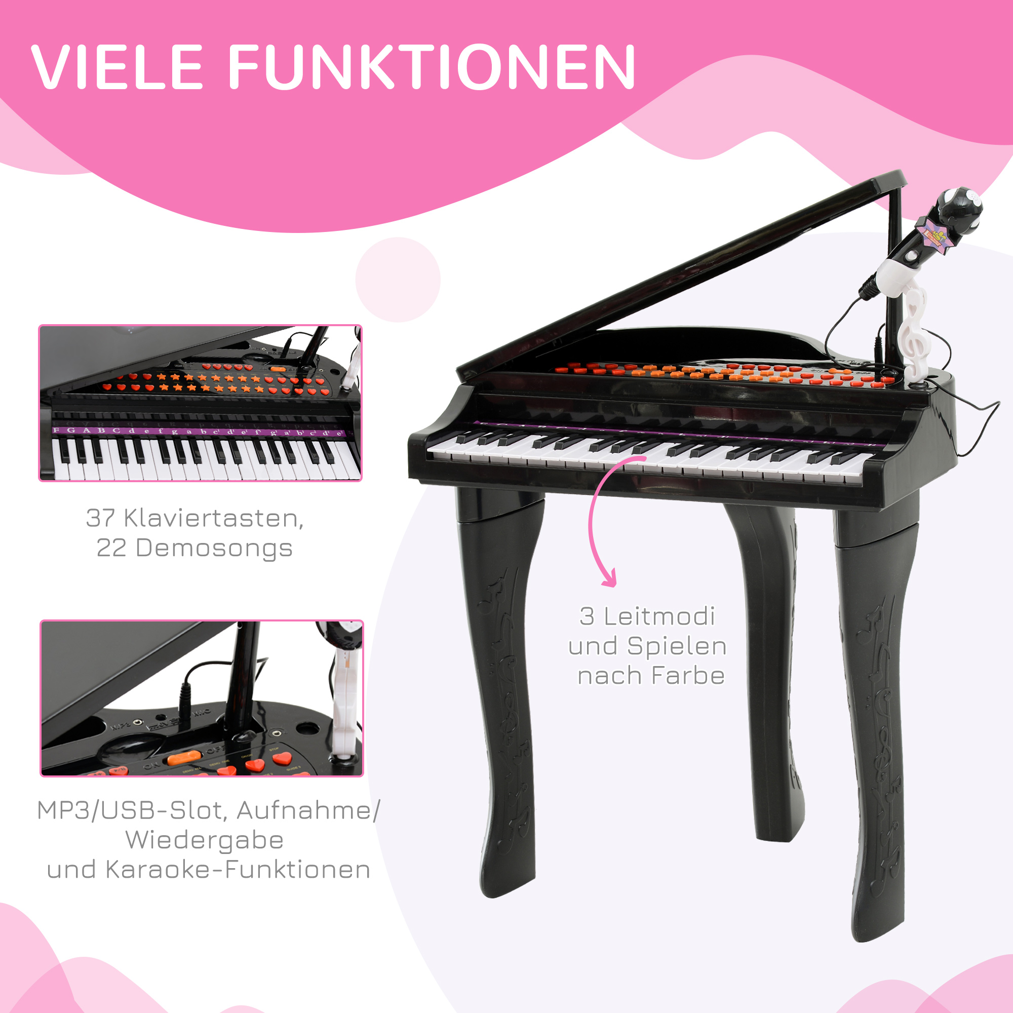 Keyboard Kinder mit 37 Tasten, Hocker Klavier mit Mikrofon, LED-Lehrmodus, Aufnahme, Piano Musikinstrument für 3-6 Jahre Kinder Schwarz