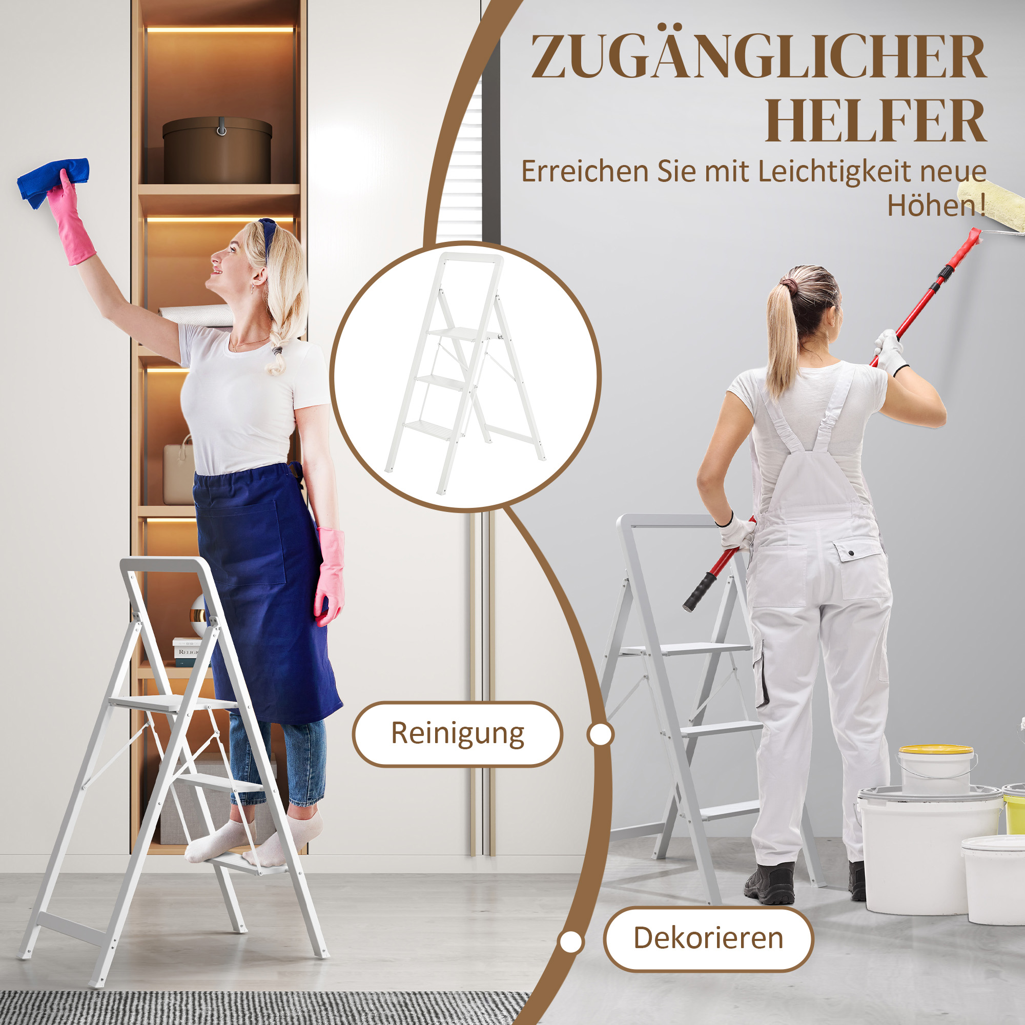 3-stufige Trittleiter, Aluminum faltbar, rutschfeste Plattform, Weiß