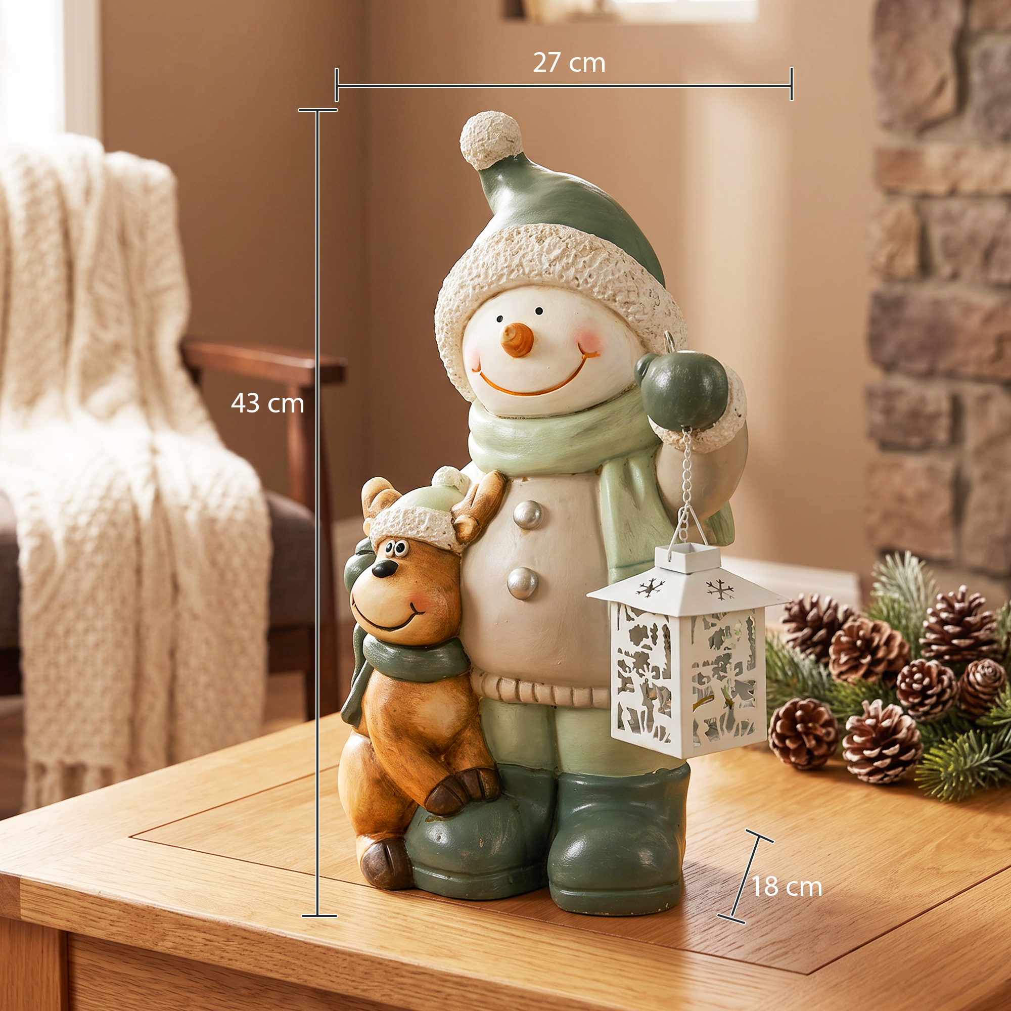 Schneemann-Figur 43 cm aus MGO mit LED-Laterne und Timer, für Eingangsbereich & Türbereich