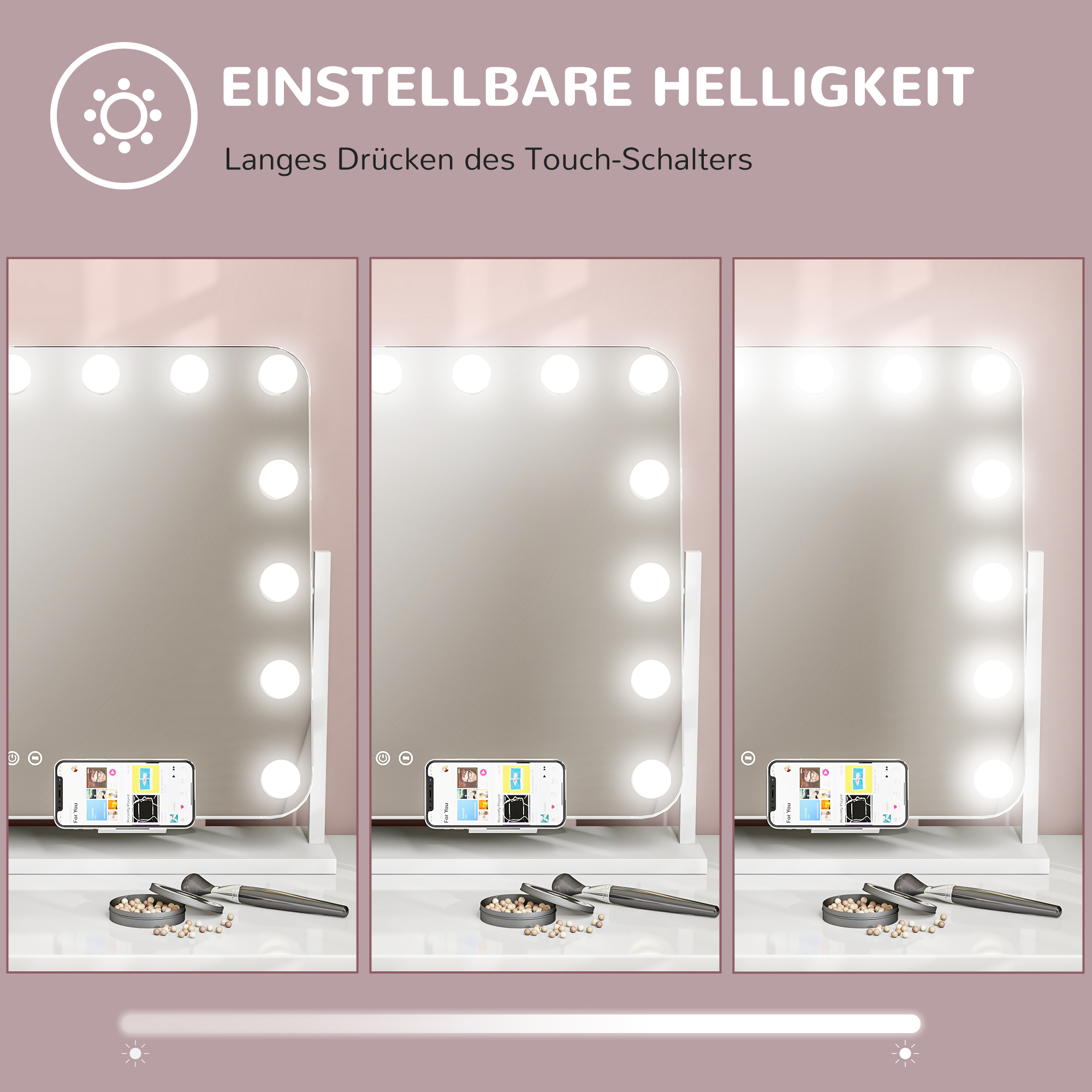 LED-Kosmetikspiegel, 3 Lichtmodi, dimmbar, Touchsteuerung, USB, 62,5 x 49,5cm, Weiß