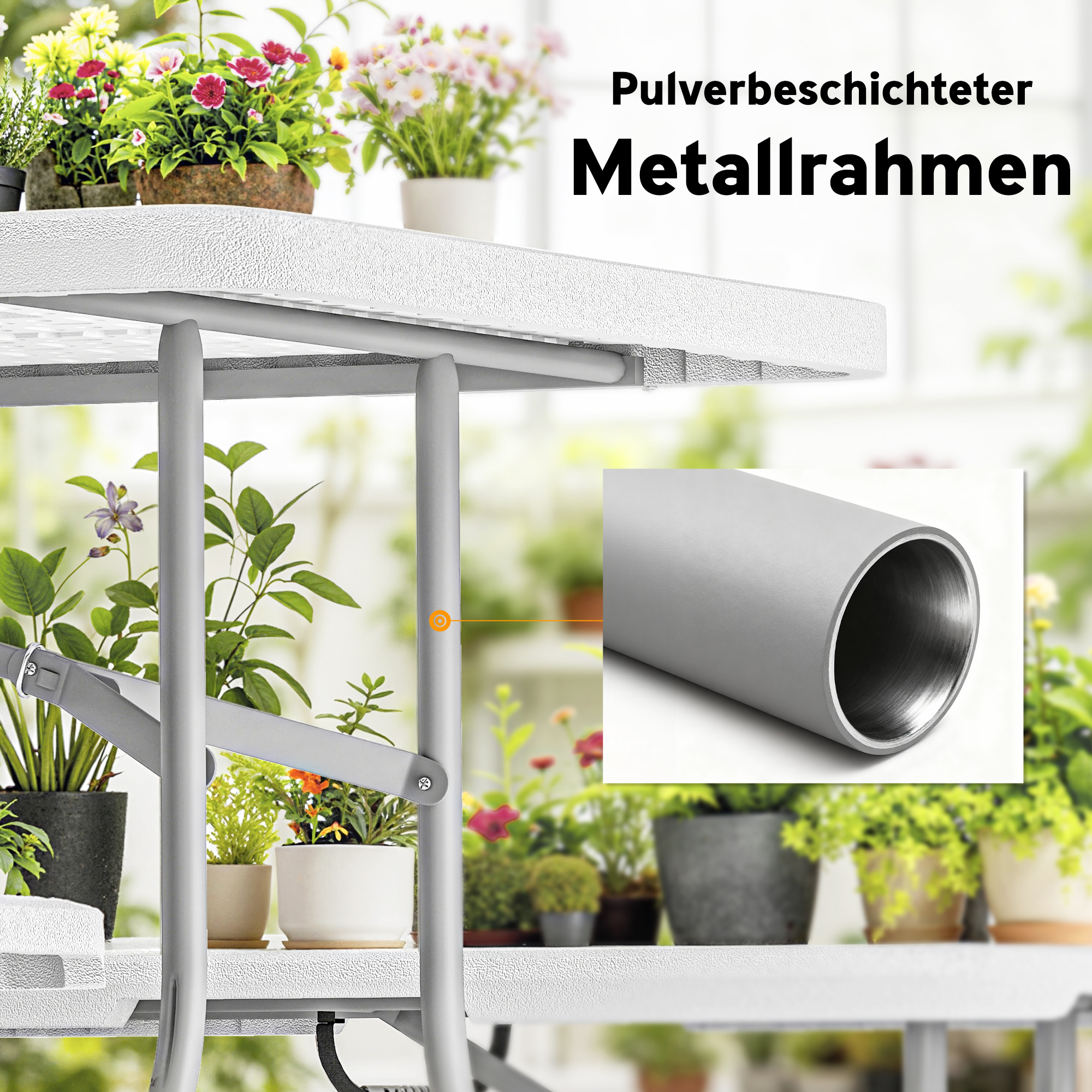 3-teiliges Picknicktisch-Set, 1 Tisch, 2 Bänke, Faltbarer Campingtisch mit Tragegriffen, Kunststoff, Metall, Weiß