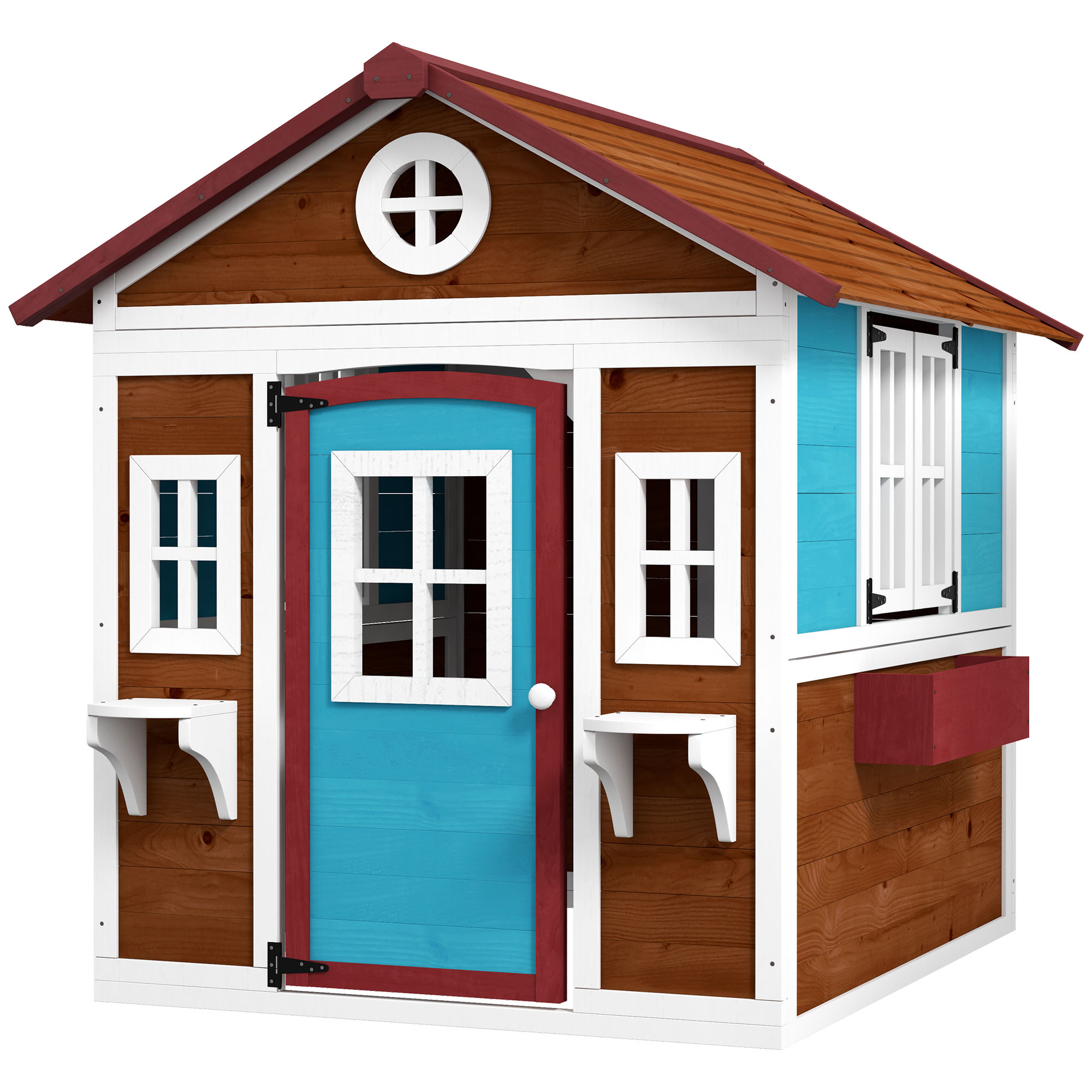 Kinderspielhaus, Holz-Spielhaus für Kinder, Outdoor-Gartenspielhaus mit Fenstern, Blumentöpfe, 3-8 Jahre, Blau