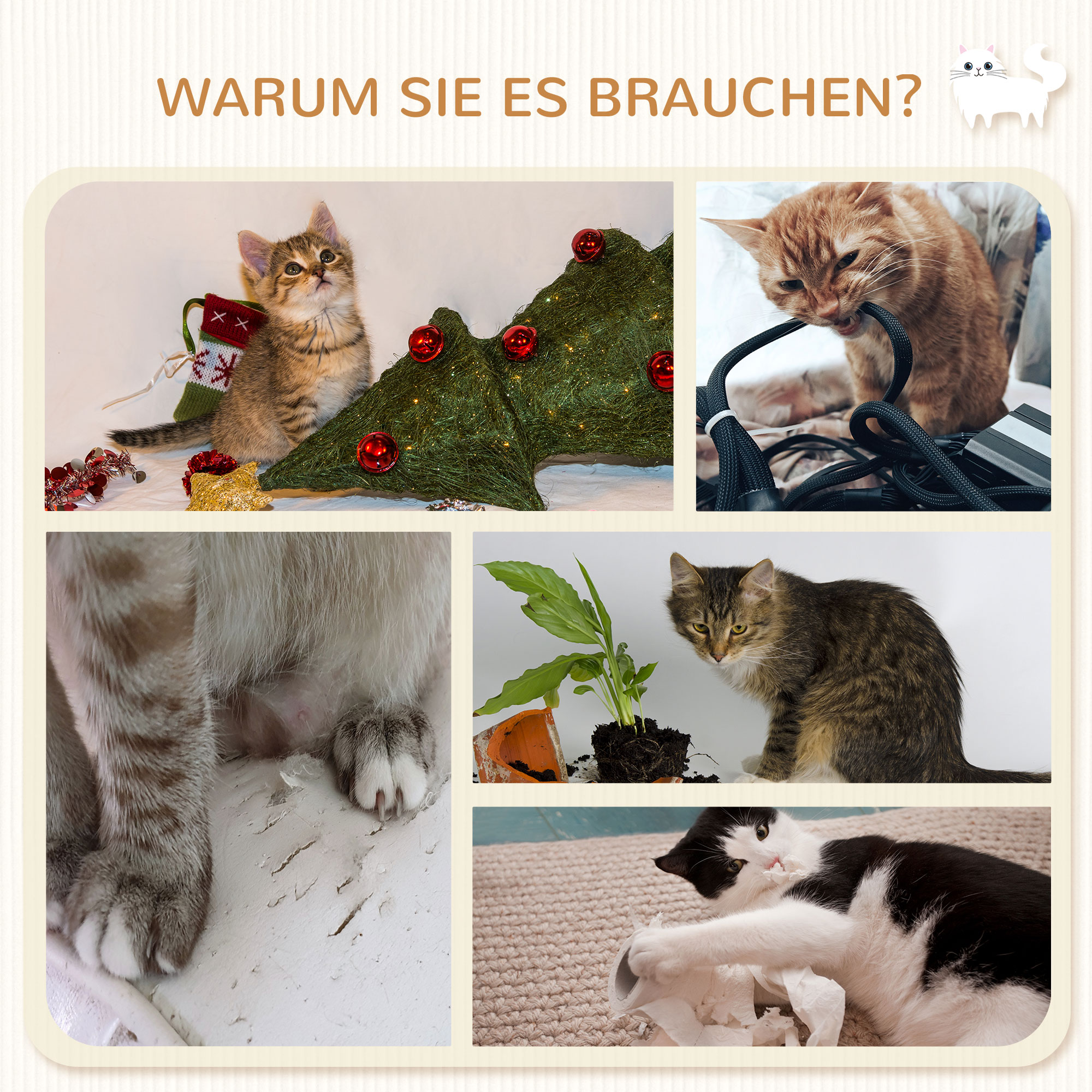 Katzentreppe, 5-teiliges Set, 2 Kratzstämme, 2 Plattformen mit Plüschbezug, Hängematte, beige