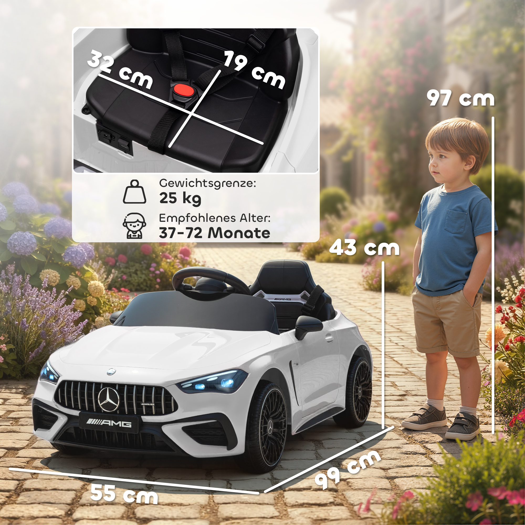Kinder-Elektroauto, Mercedes-Design, 12V Motoren, Fernbedienung, LED-Lichter, Musik, für 3-6 Jahren Kinder, Weiß
