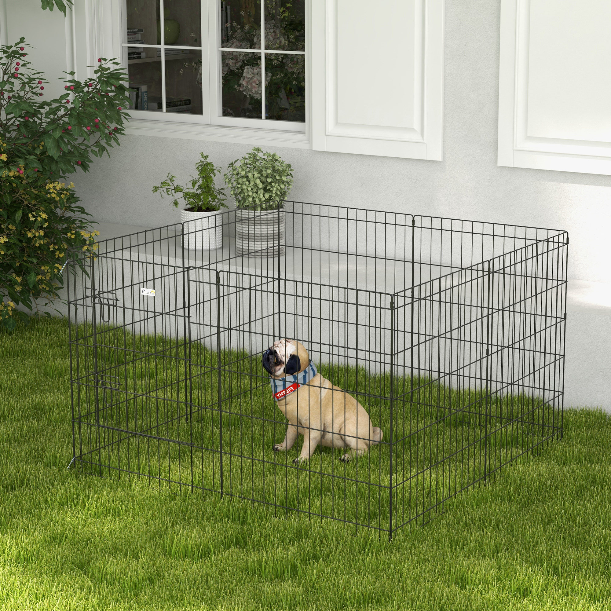 Haustierlaufstall, Spielgehege für Welpen und kleine Hunde, mit Tür, Indoor- und Outdoor-tauglich, 76 cm, Schwarz