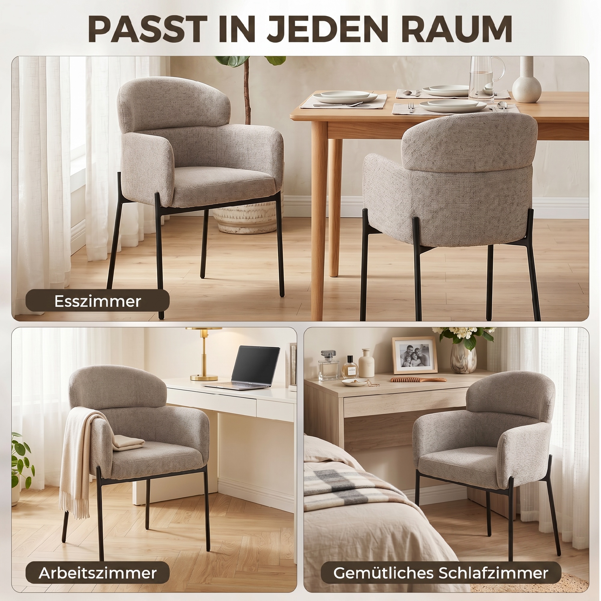 Sessel Wohnzimmer Loungesessel mit Chenille-Optik, Armlehnen, Metallbeinen für Schlafzimmer, Hellbraun
