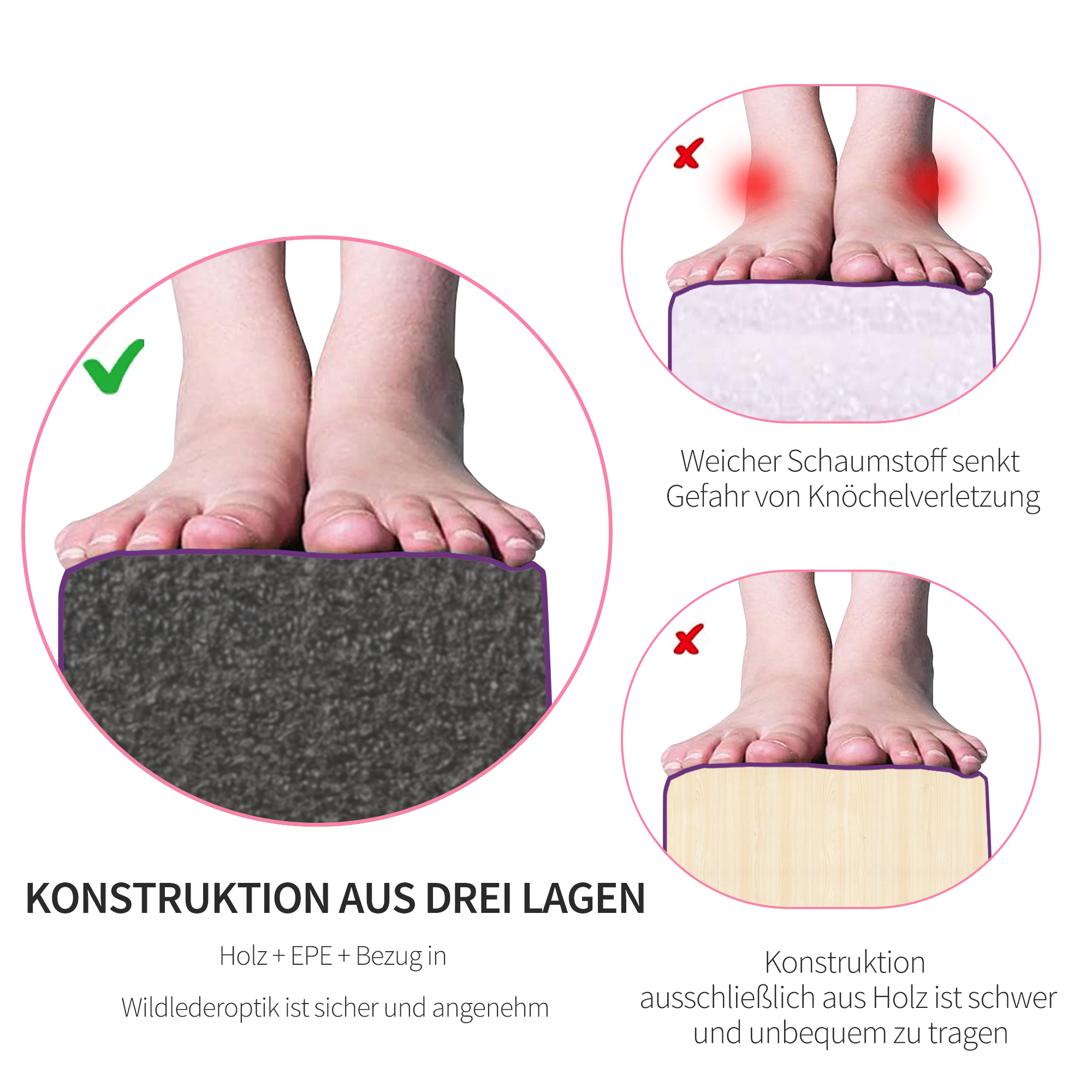 Faltbarer Schwebebalken, rutschfest, Wildlederbezug, robustes Holz, 210 x 10 x 6,5 cm, Violett