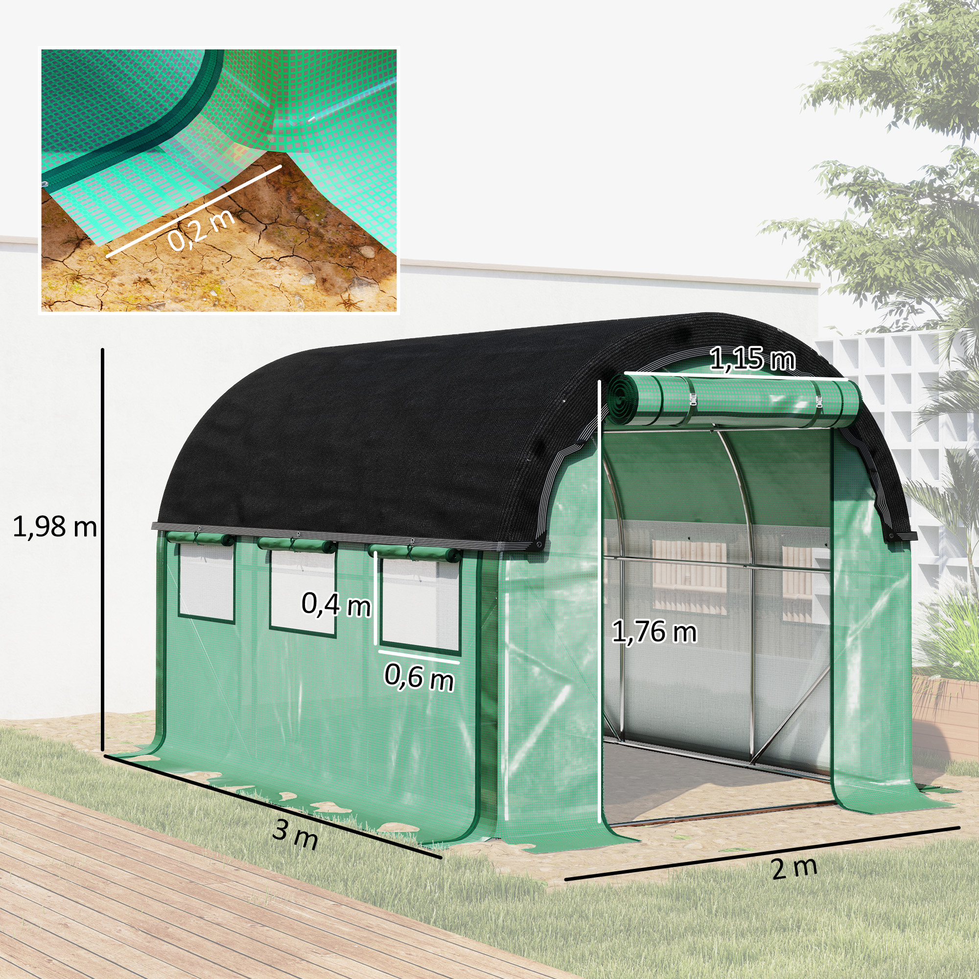 3 x 2 x 2 m Polytunnel-Gewächshaus mit Sonnenschutznetz, rollbaren Seitenwänden, Kunststoff-Abdeckung, Stahlrahmen, Grün