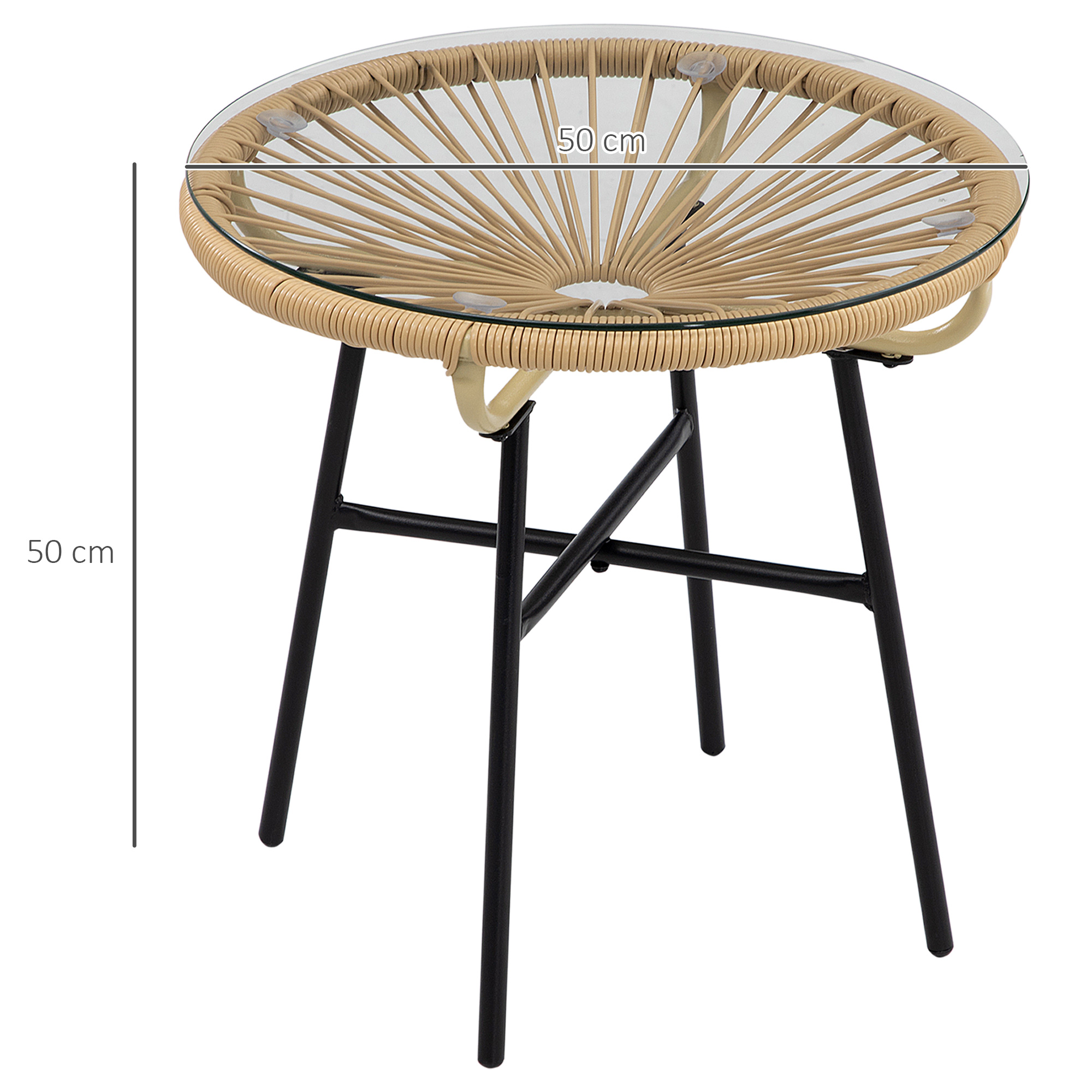 Gartentisch im Boho-Stil, PE-Rattan, gehärtetes Glas, wetterbeständig, 50 cm x 50 cm x 50 cm, Beige