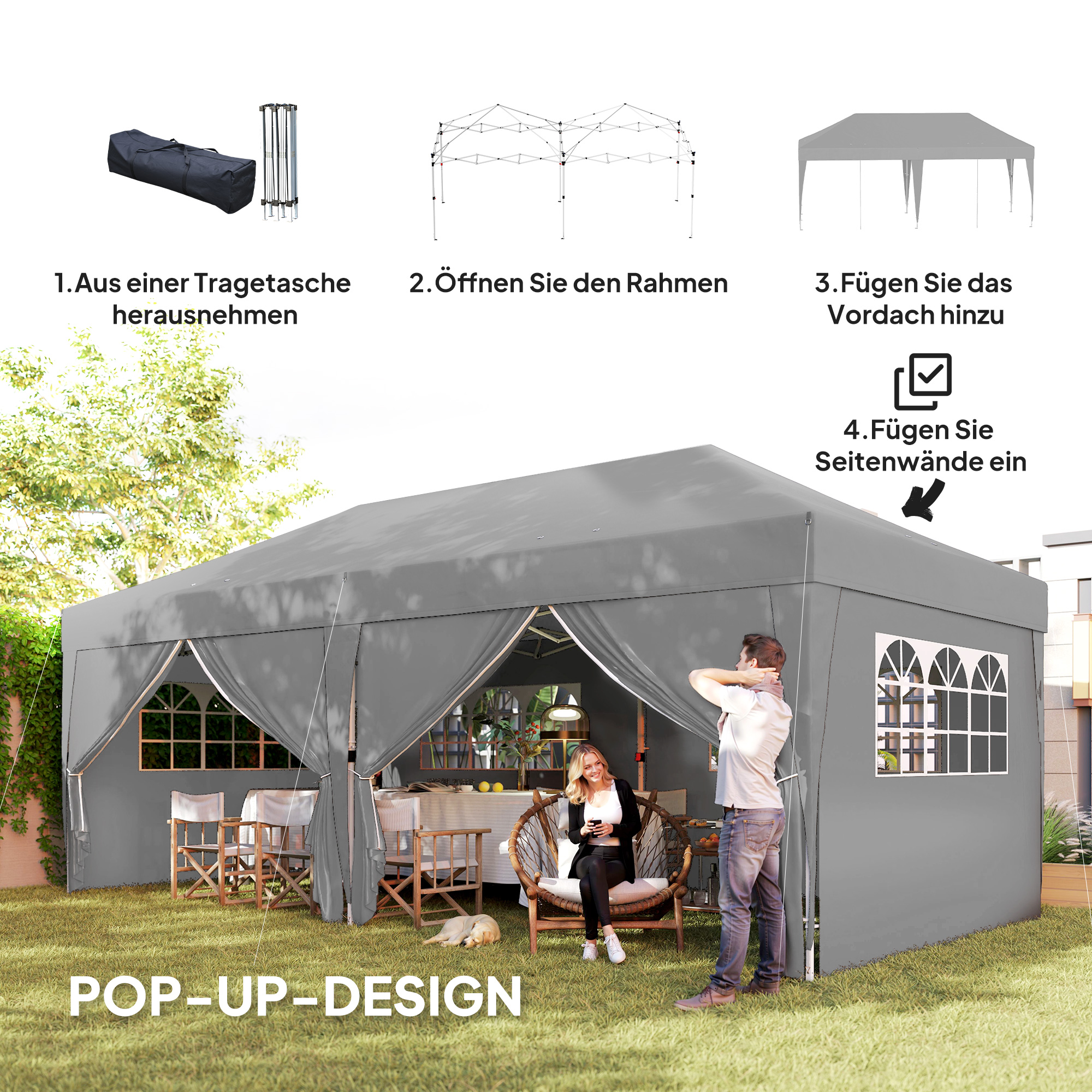 Pavillon ca. 6x3m Stabil Winterfest Pop-up Faltpavillon mit Fenster Reißverschlusstür Seitenteilen UV Schutz