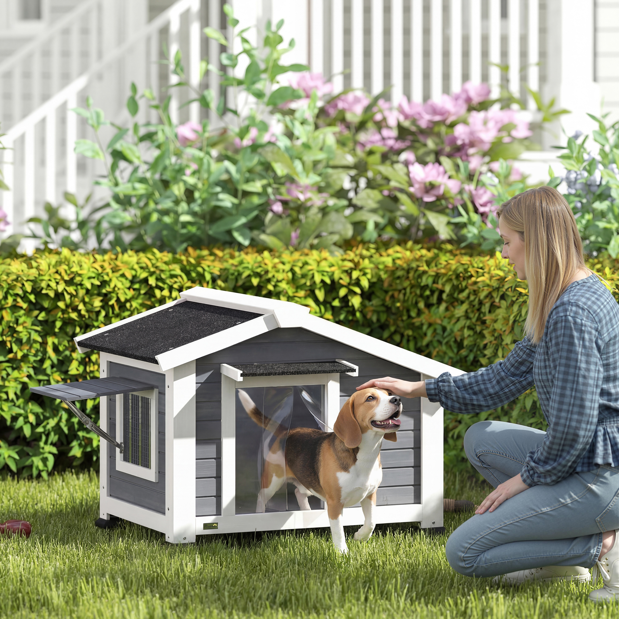 Hundehütte wetterfestes Hundehaus aus Holz mit herausnehmbarem Boden Asphaltdach öffnendem Fenster 98x76x69,5 cm Grau