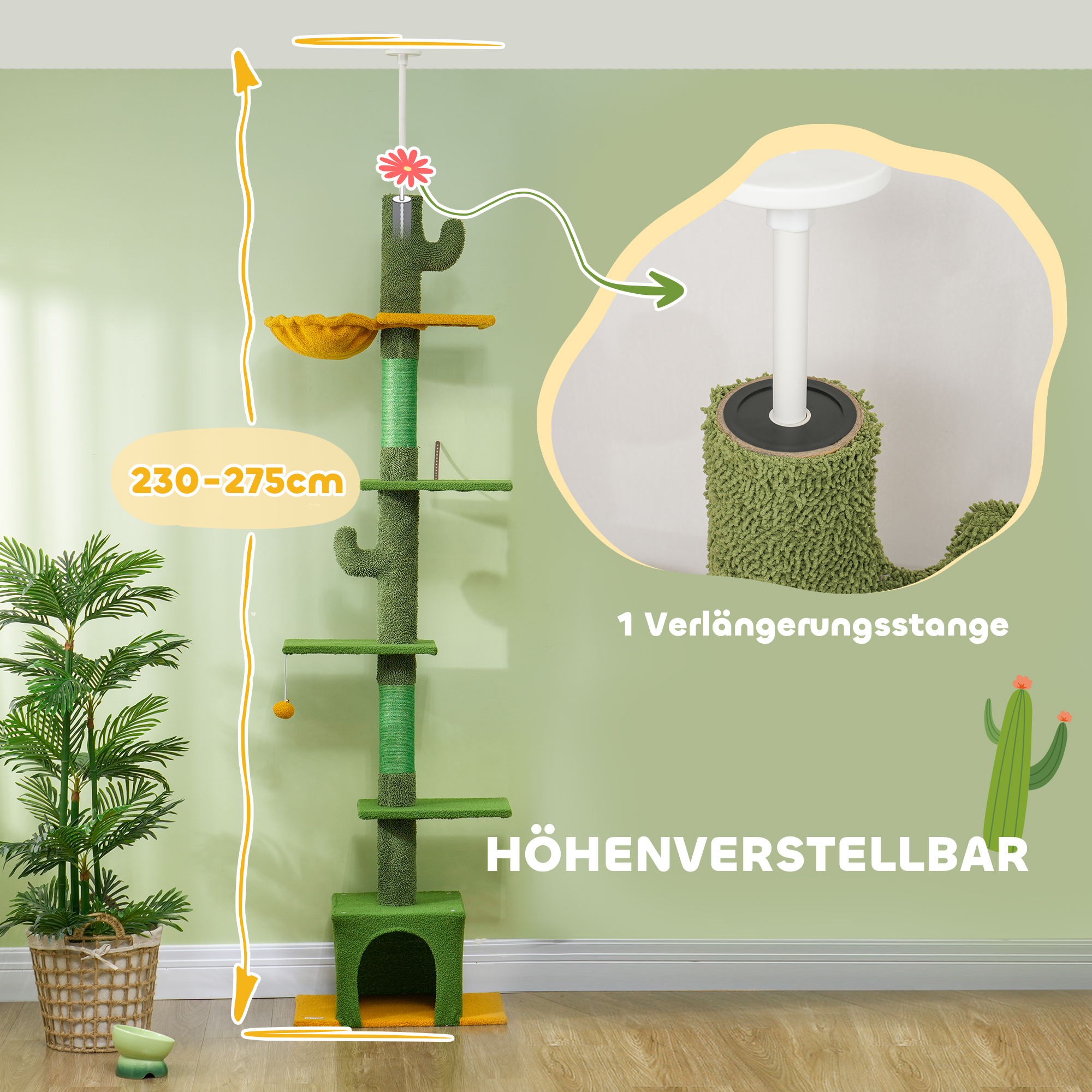 höhenverstellbarer Kratzbaum 230-275 cm, platzsparend, Spielzentrum mit Hängematte, Grün