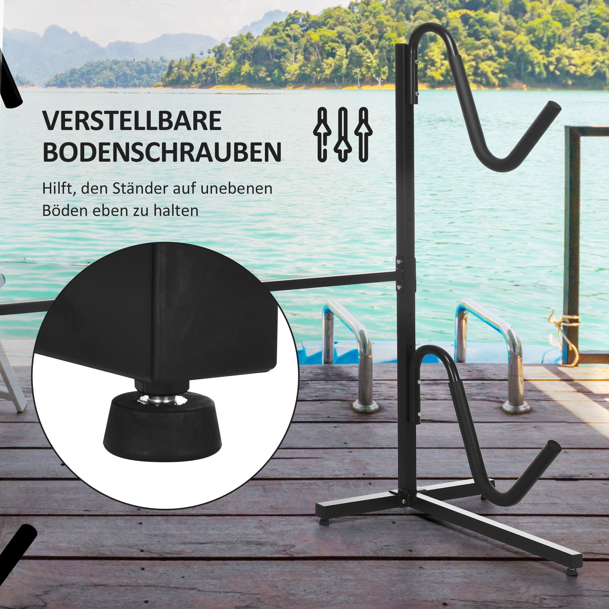 Halterung für 2 Kajaks, Surfboards, Stand-Up-Paddles, Metallrahmen, breitenverstellbar 144-180 cm