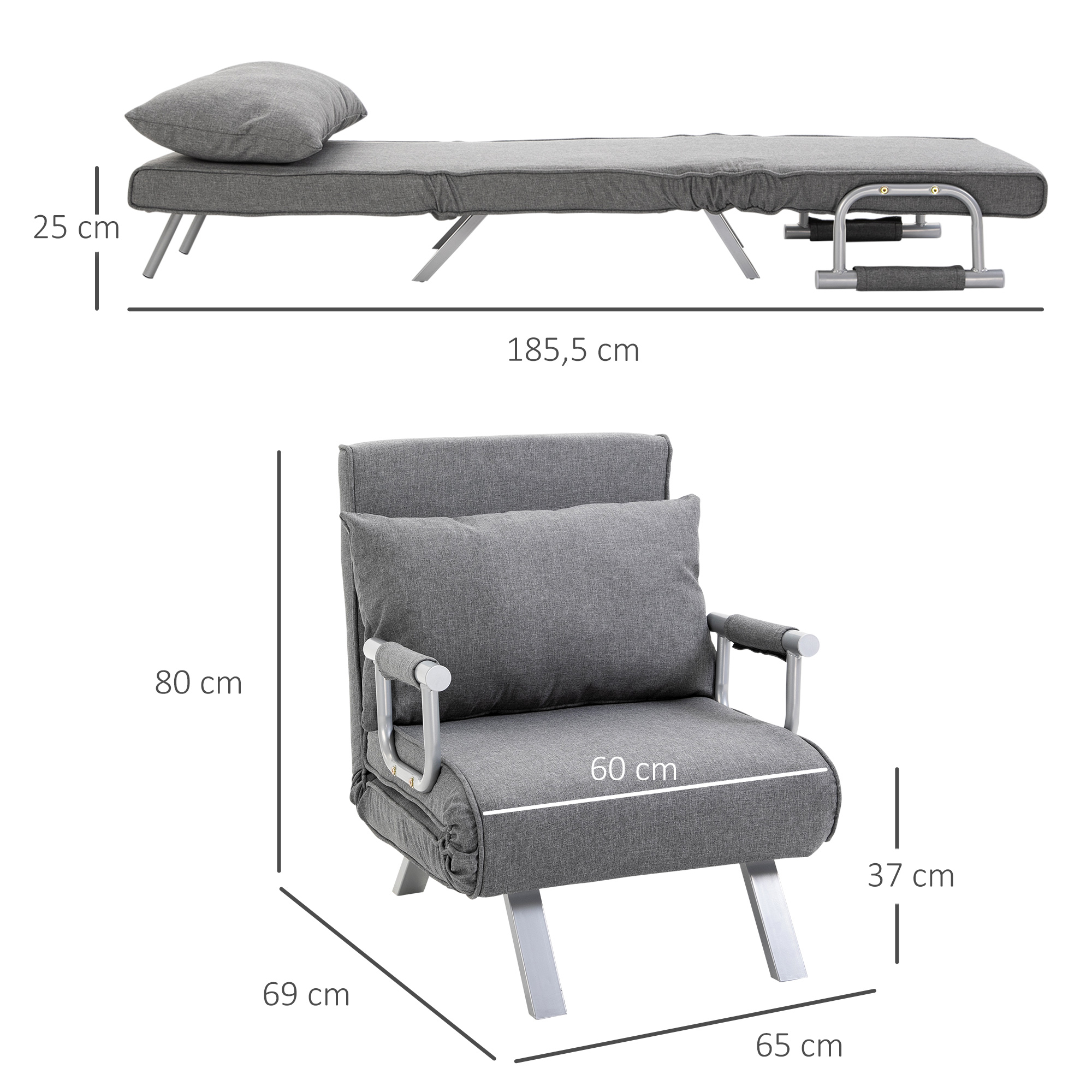 3 in 1 Schlafsessel Klappbar Schlafsofa mit Bettfunktion Verstellbarer Rückenlehne Kissen Gästebett in Leinenoptik, Relaxsessel Klappsessel für Wohnzimmer Schlafzimmer 65 x 69 x 80 cm Hellgrau