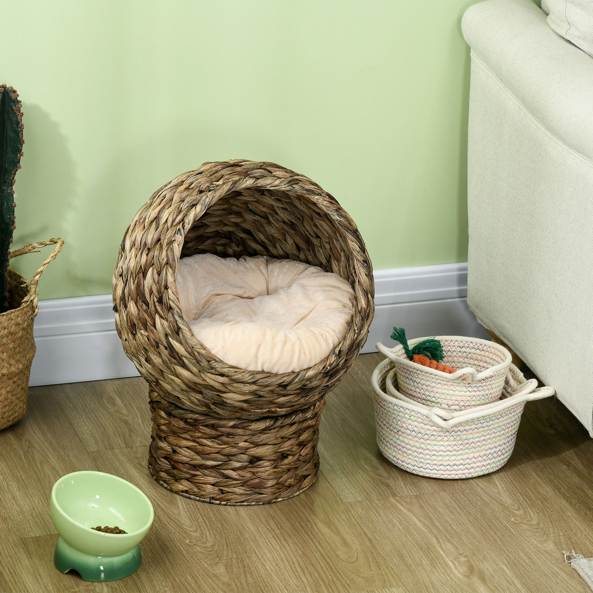 Rattan Katzenkorb Katzenhöhle Katzenhütte Katzenbett mit Kissen Haustierbett Wasserhyazinthe Kaffee 40 x 37 x 51 cm