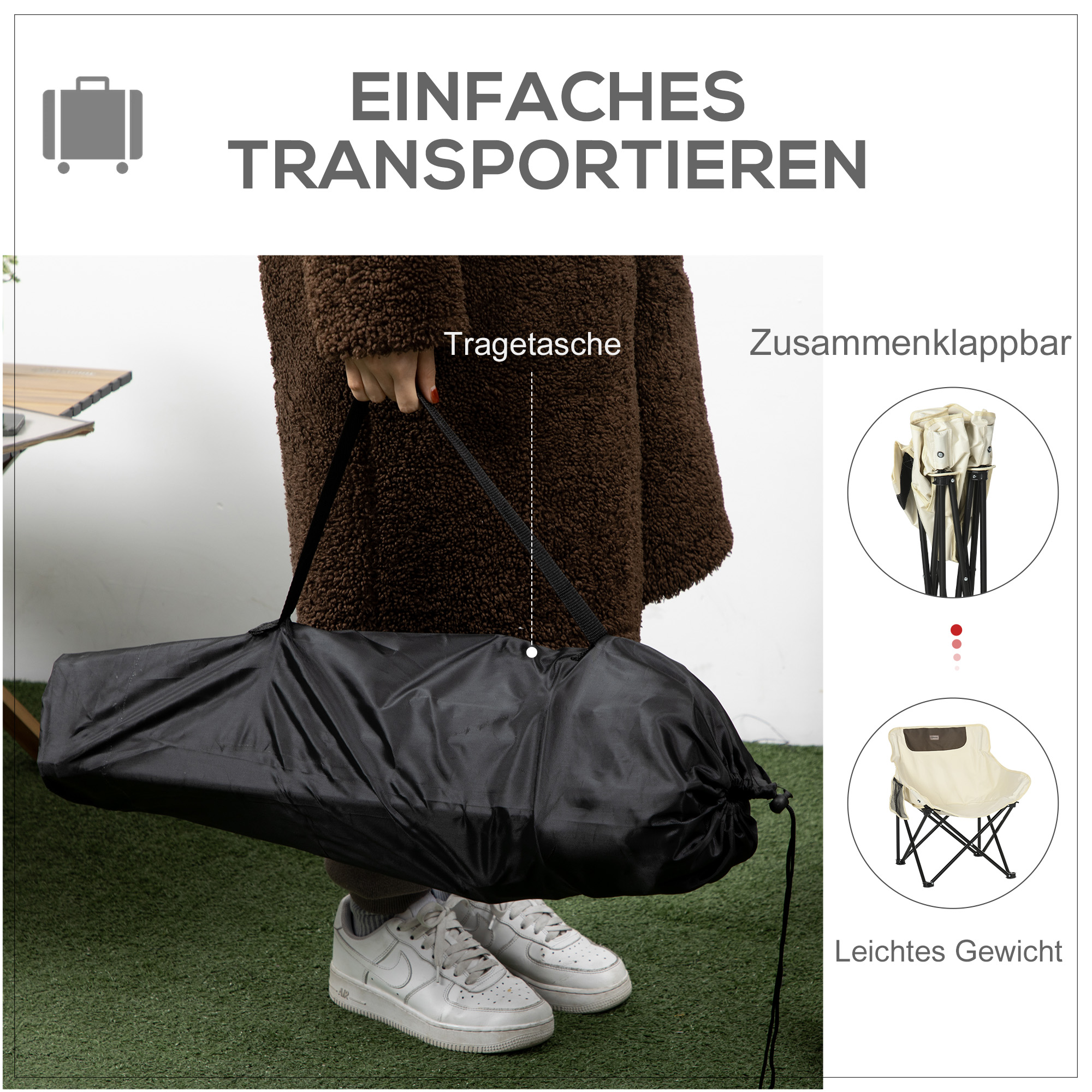 Campingstuhl, faltbar, Stahlrahmen, Stoffsitz, Tragetasche, Weiß