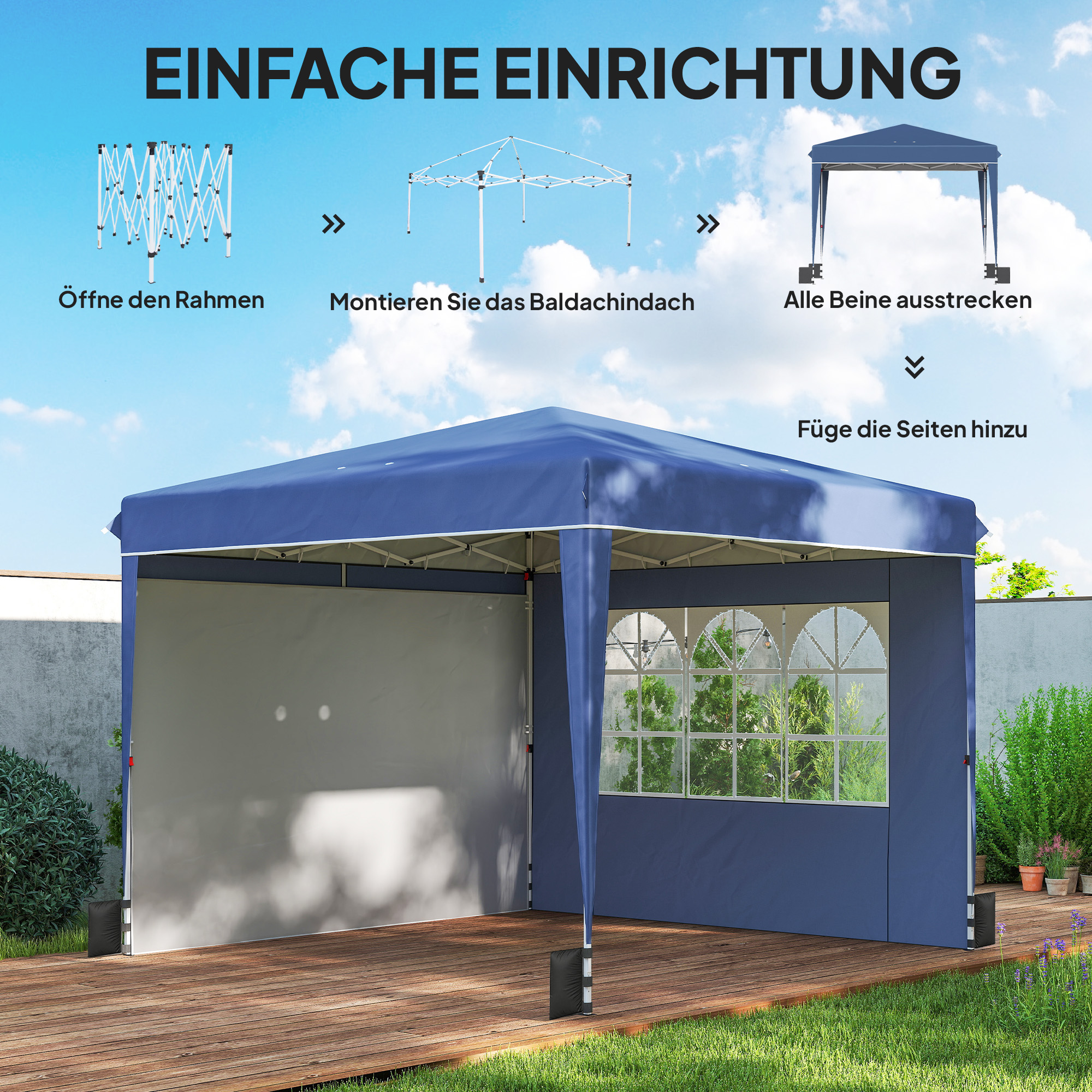 Pavillon 3 x3 m Wasserdicht höhenverstellbar Pop-up Faltpavillon mit 2 Seitenteilen, UV 50+ Faltbar Dunkelblau