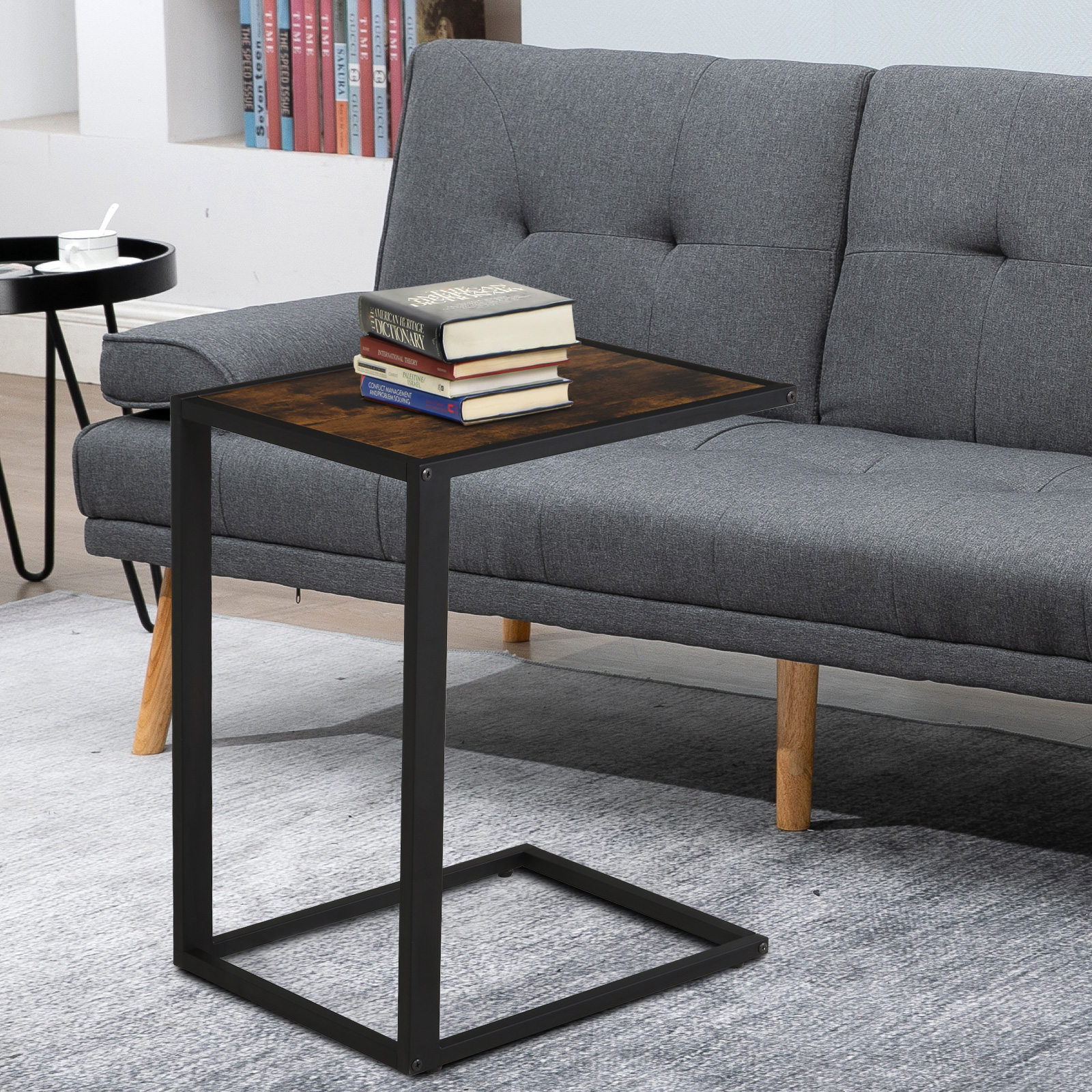 Beistelltisch in C-Form Kaffeetisch Couchtisch Laptoptisch für Schlafzimmer und Wohnzimmer kleiner Bereich mit Metallgestell Industrie-Stil Metall MDF Rustikal-Braun 40,6 x 50,8 X 64,2 cm