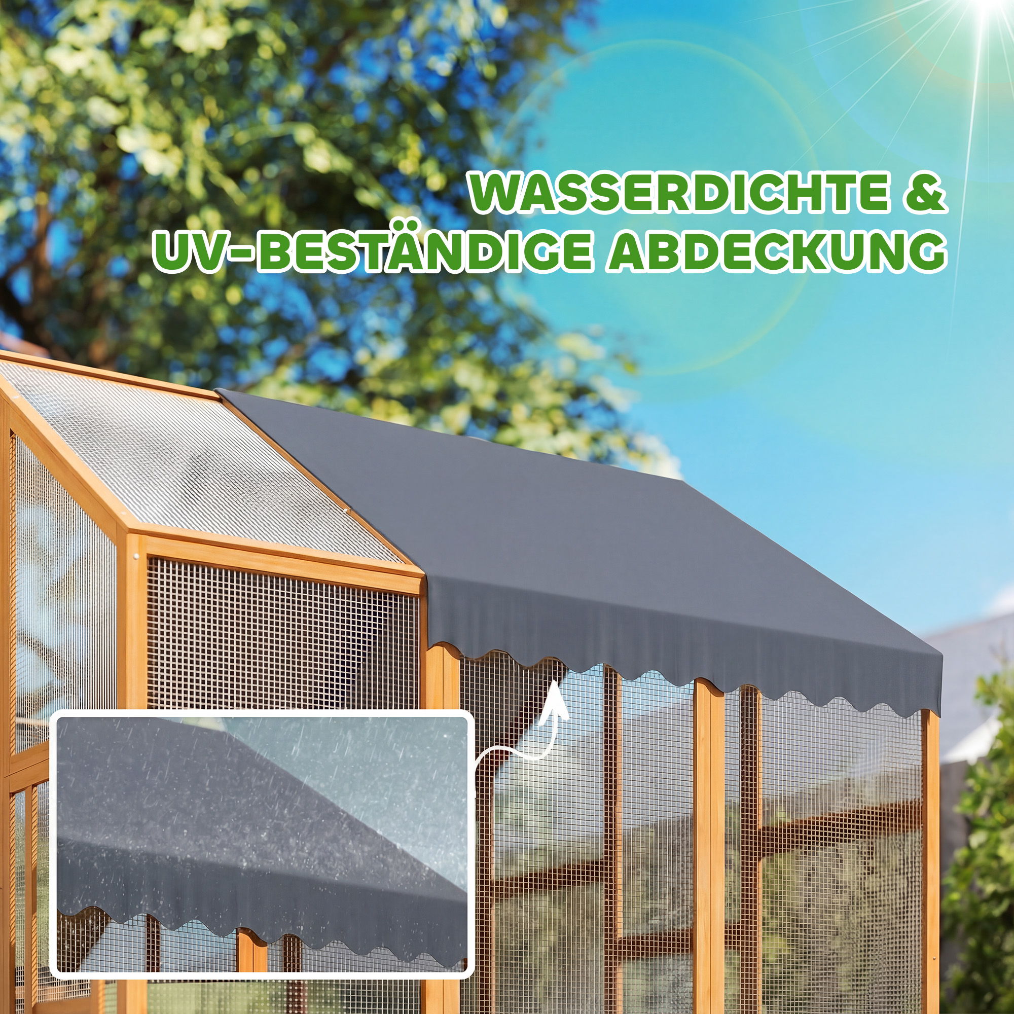 Hühnerstall 3,07㎡ Freilaufgehege Holz mit wasserdichtem Tuch, Sicherheitsschloss, für 6-8 Hühner 1,7 x 1,8 x 1,8 m