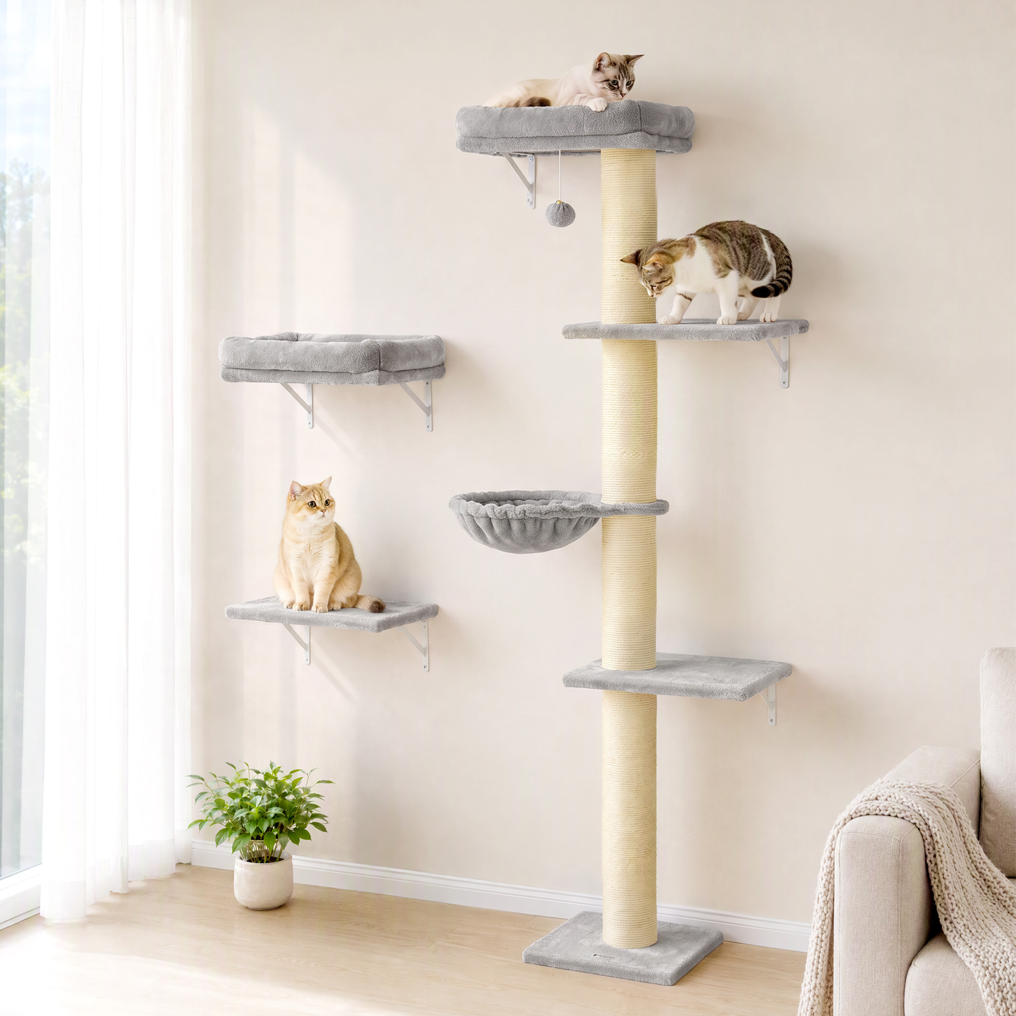 Kletterwand Katzen, 3-teilig Katzenkletterwand Set, Katzen Wandelemente mit Kratzbaum, Plattformen Hängematte