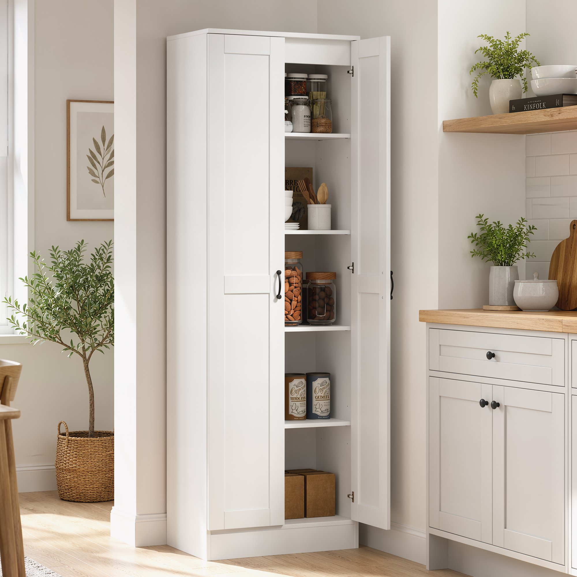 Vorratsschrank 175 cm mit Stauraum, Küchenschrank mit Soft-Close-Türen und verstellbaren Einlegeböden, Weiß