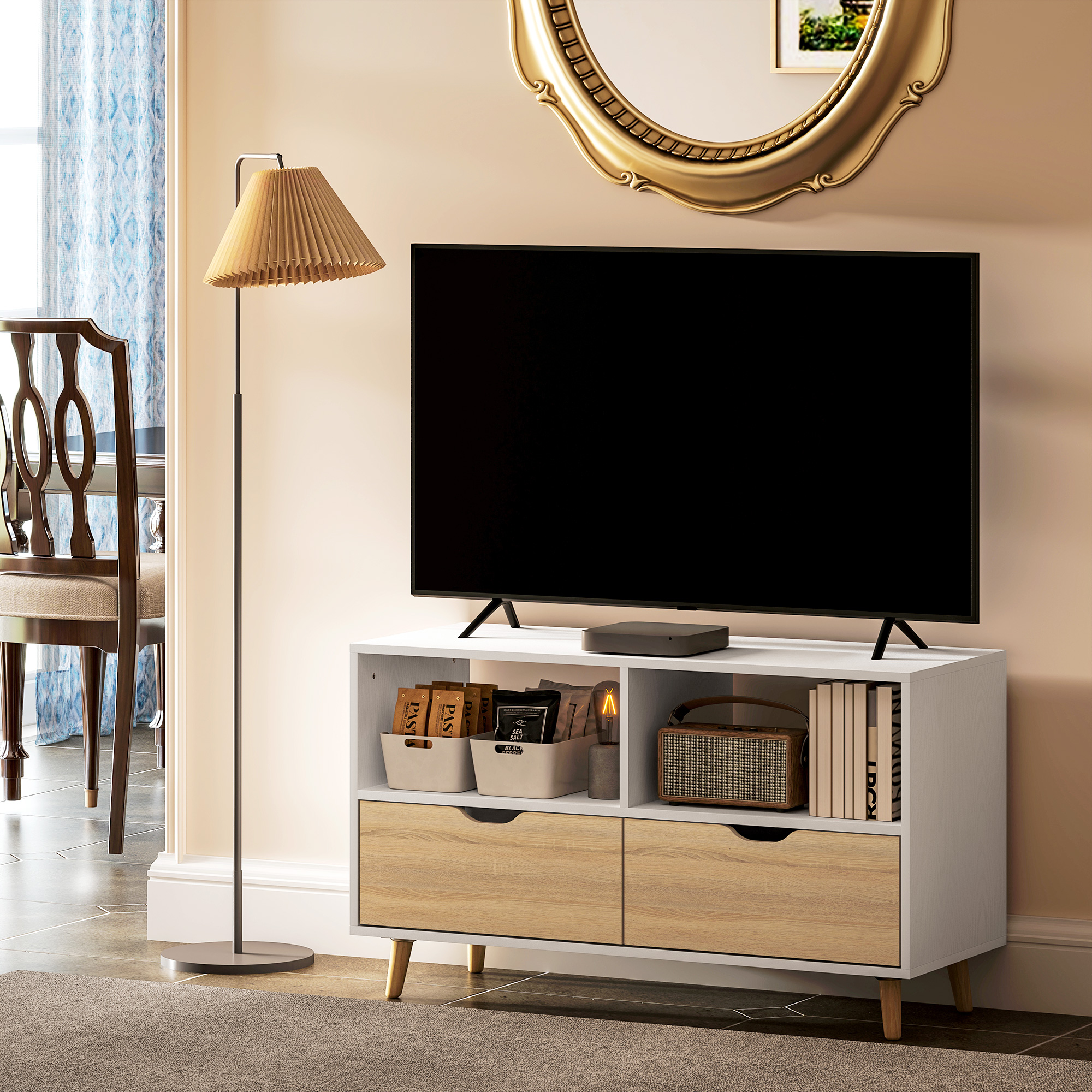 TV-Schrank, TV-Kommode mit Schubladen, Offene Regale, Holz, 99 x 39 x 58 cm, Weiß