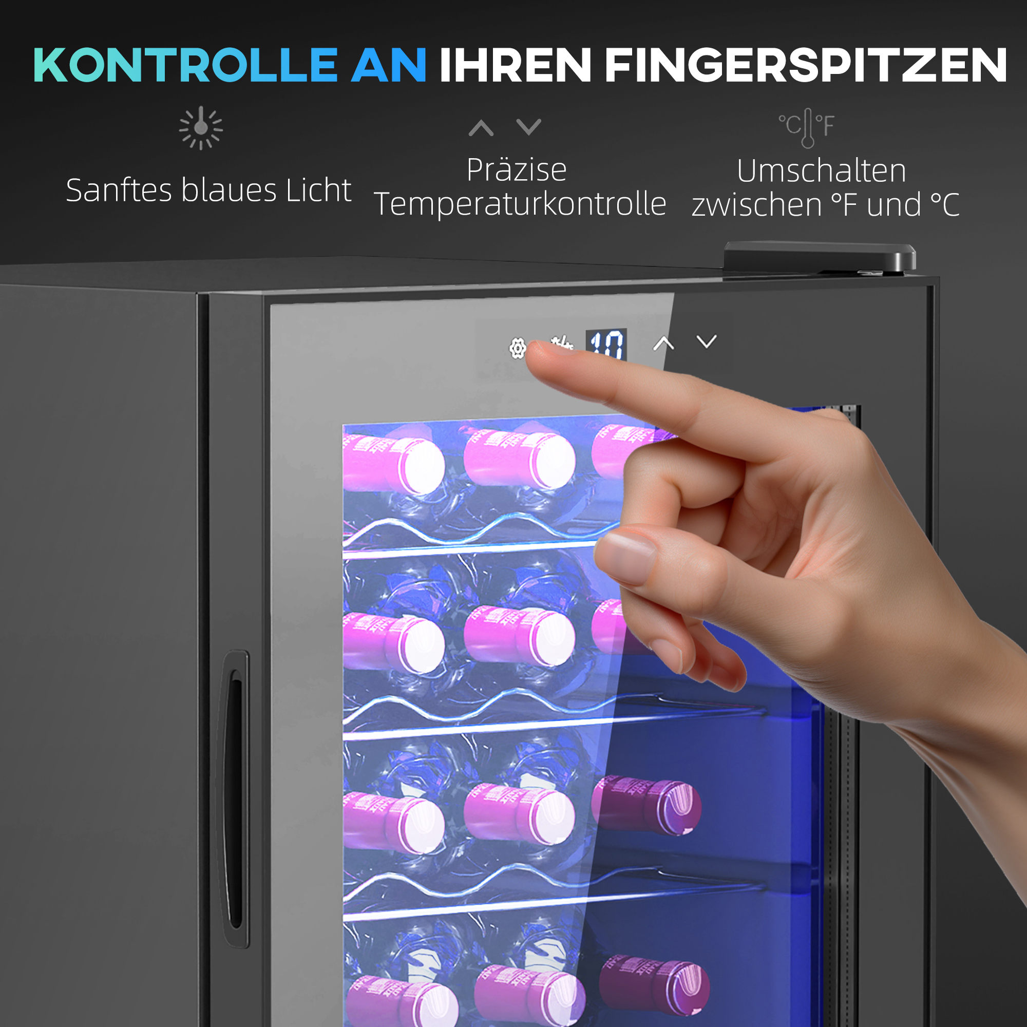 kleiner Weinkühlschrank, Mini-Kühlschrank für 20 Flaschen, 53 Liter Kapazität, mit Glastür, LED-Beleuchtung, Schwarz