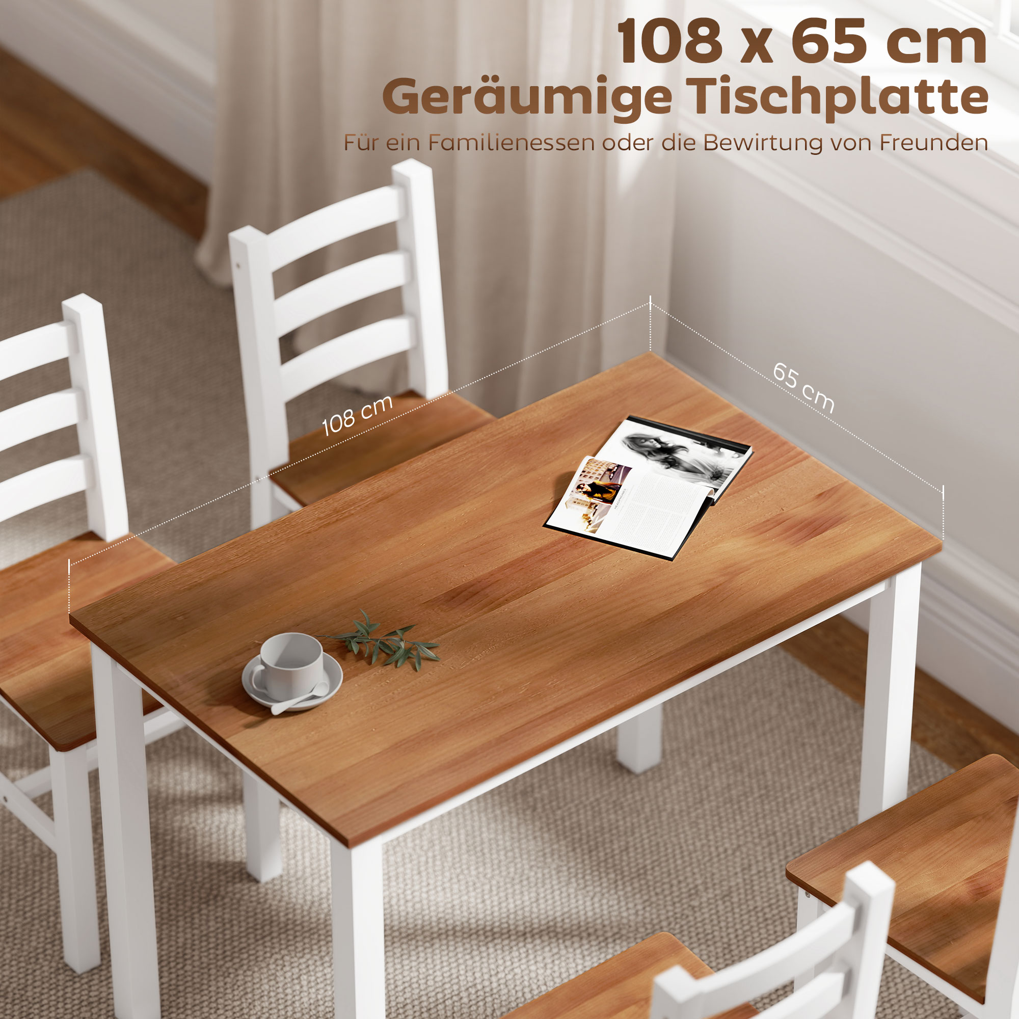Essgruppenset, Esstisch, 4 Stühle, Esszimmerset, Kiefernholz, Braun+Weiß