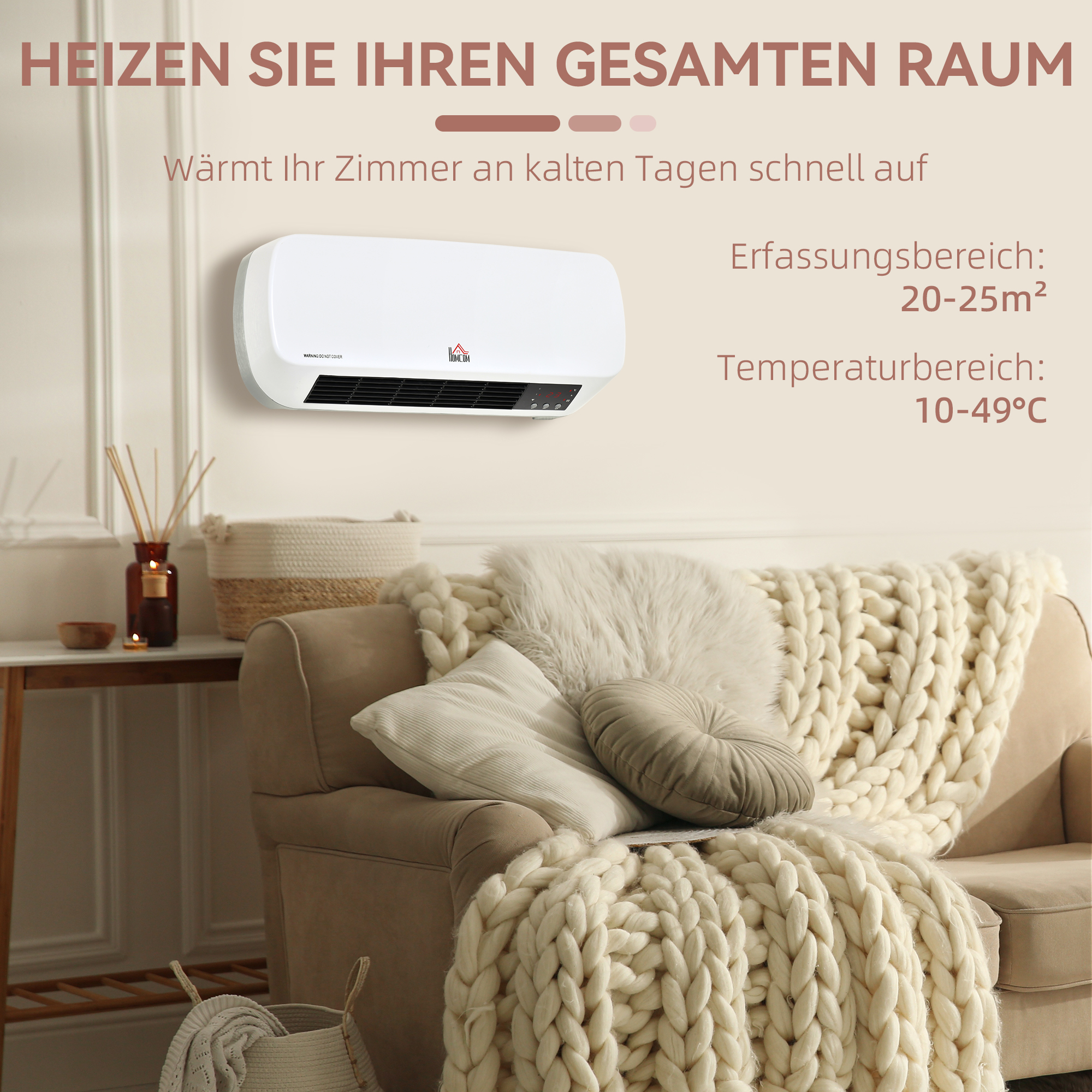 Heizlüfter zur Wandmontage 2000W mit Fernbedienung 2 Heizmodus LED-Display 12h Timer für Badezimmer
