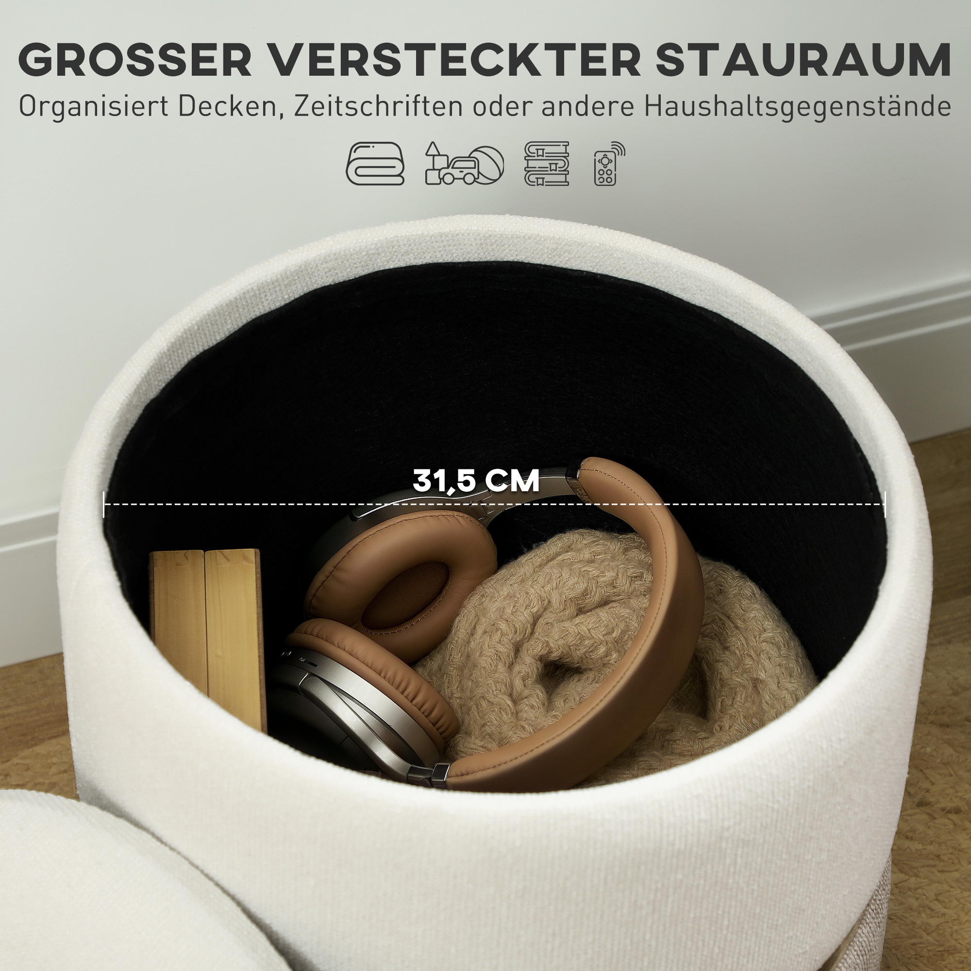 Sitzhocker mit Stauraum Hocker mit Deckel, Metallring, zweifarbig Design 36 x 36 x 44 cm Cremeweiß