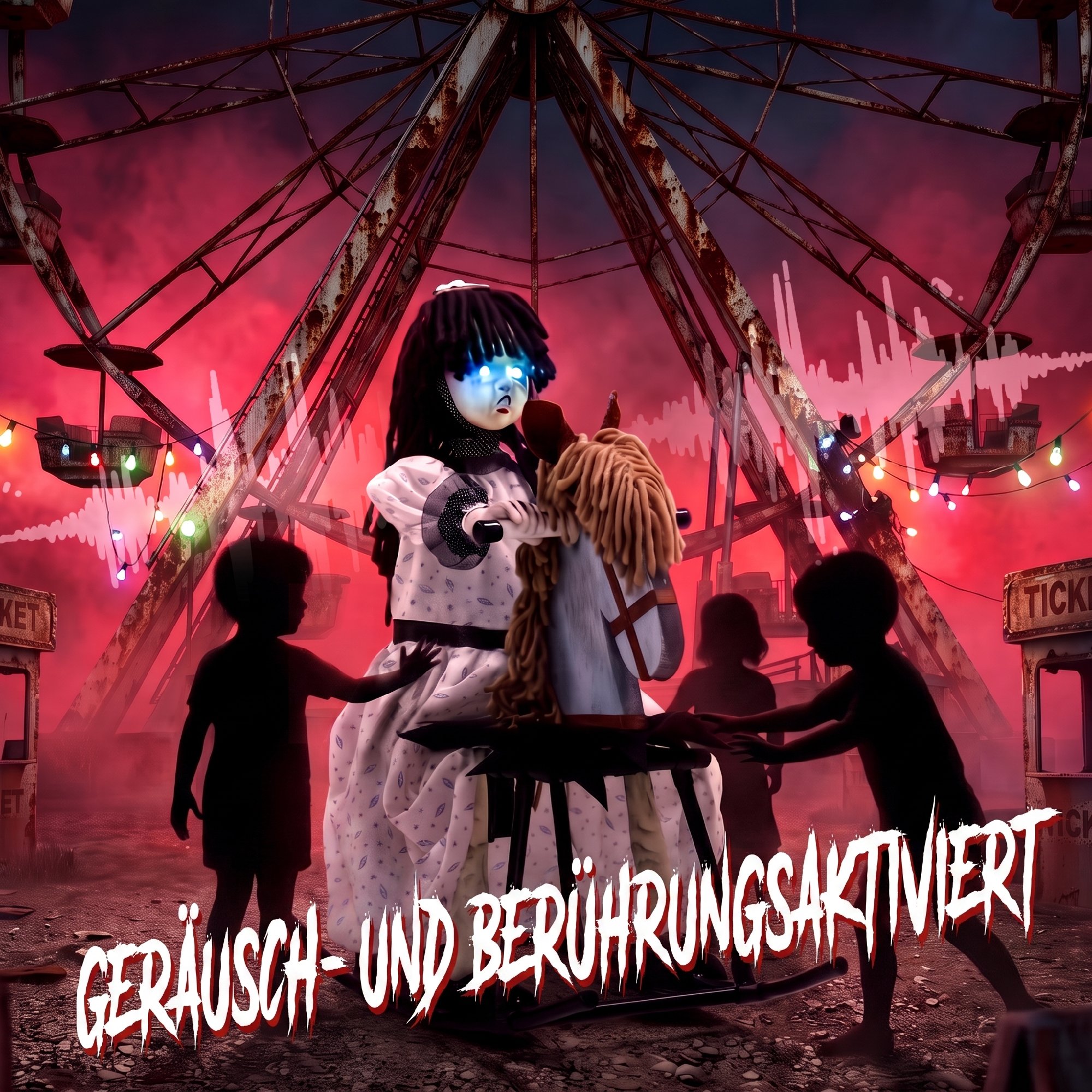 animiertes Halloween-Mädchen auf Schaukelpferd mit gruseligen Reimen, leuchtenden Augen und Sound-/Touch-Aktivierung