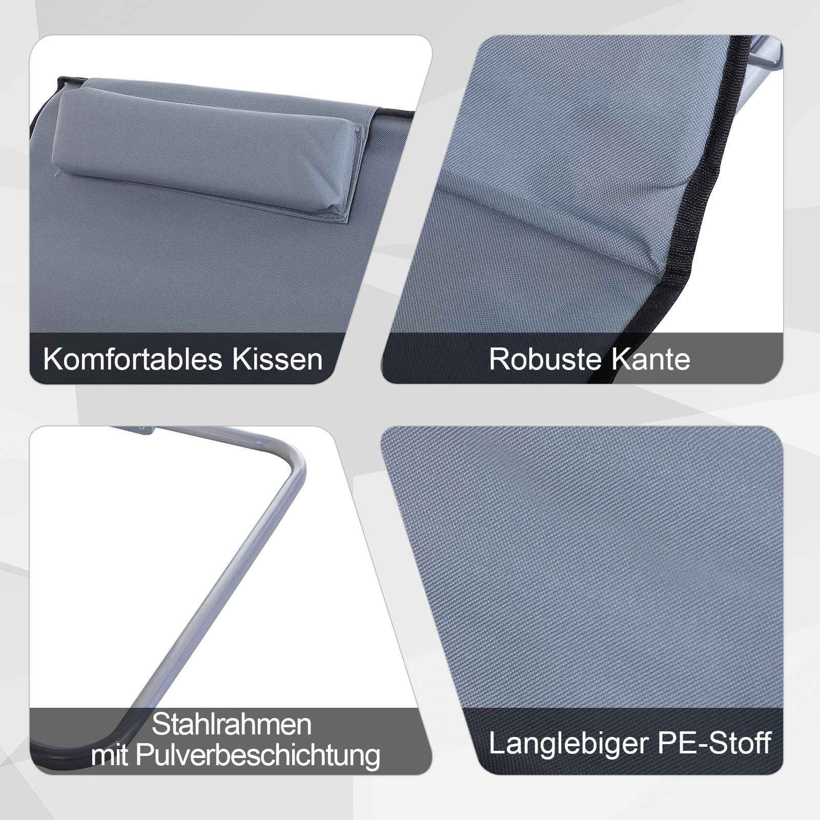 Sonnenliege klappbar Gartenliege mit Kopfkissen Liegestuhl mit 5-Fach verstellbare Rückenlehne Strandliege mit Tragetasche Gartenstuhl für Garten Urlaub Outdoor Strand Pool, Grau