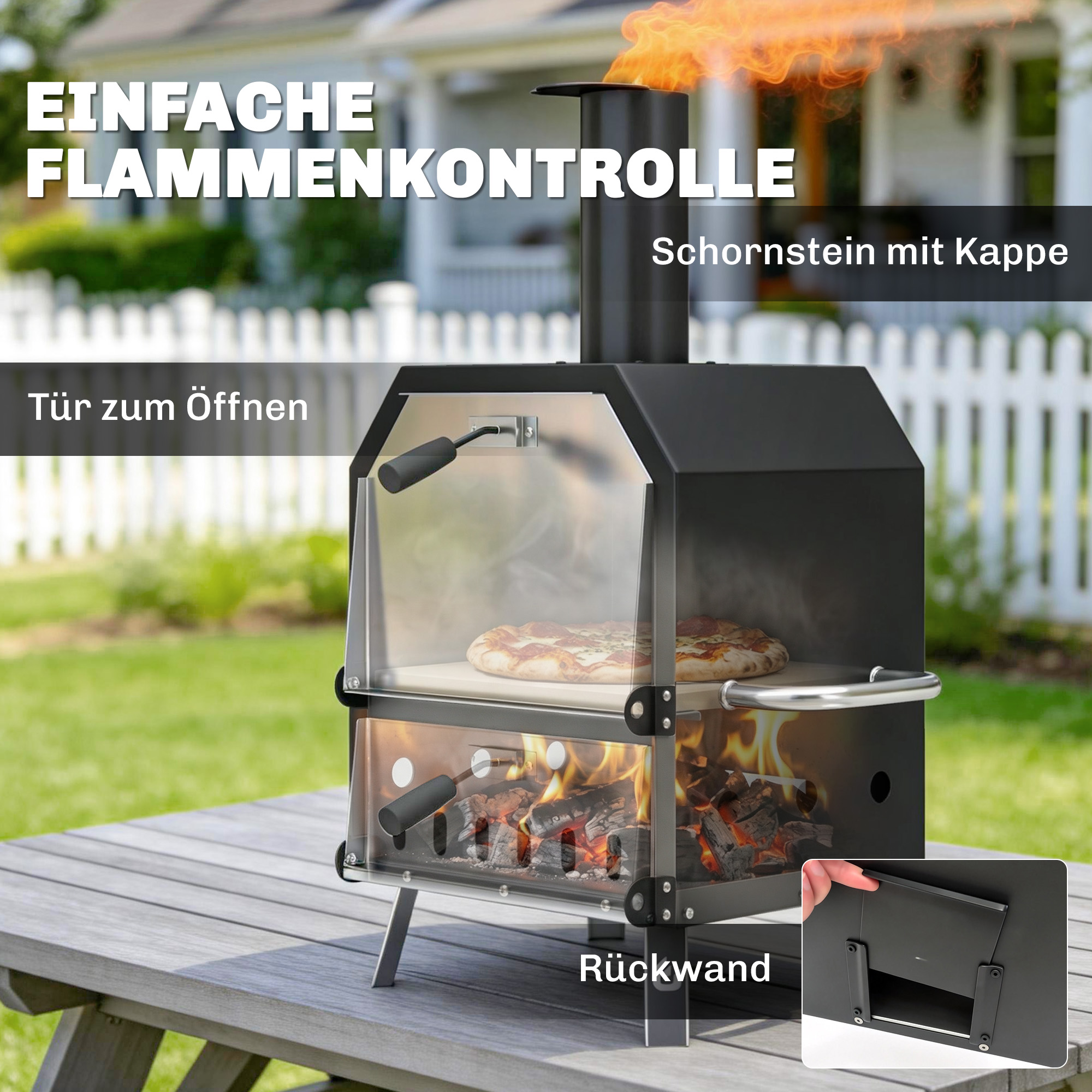 Outdoor Pizzaofen Holzbefeuerter Pizza Ofen Edelstahl 2 Ebene Backofen mit 1cm dick Pizzastein Klappbein
