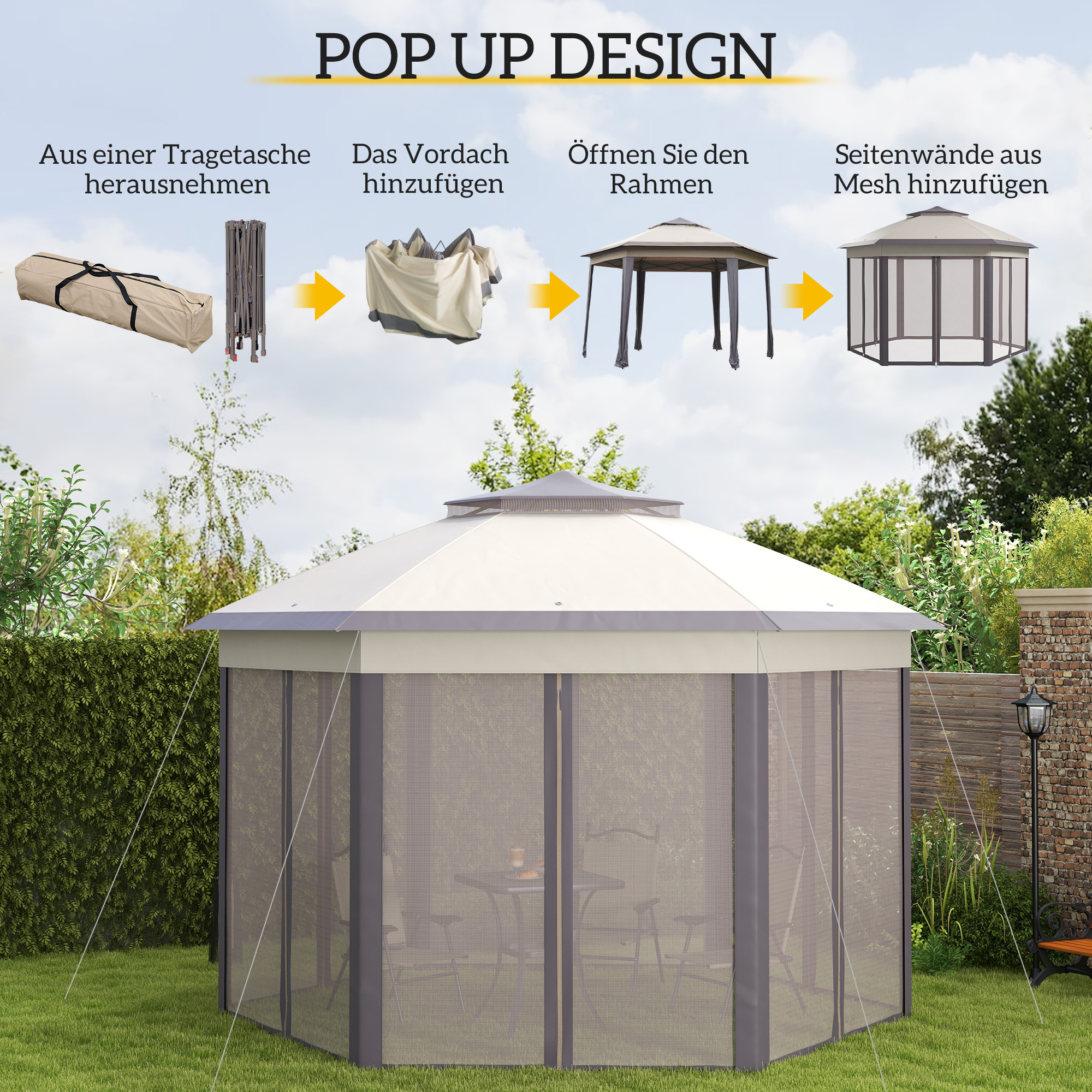 Gartenpavillon Faltpavillon 4 x 4 m Pop-Up-Zelt Partyzelt inkl. Tragetasche 6 Seitenteile Doppeldach sechseckig Beige