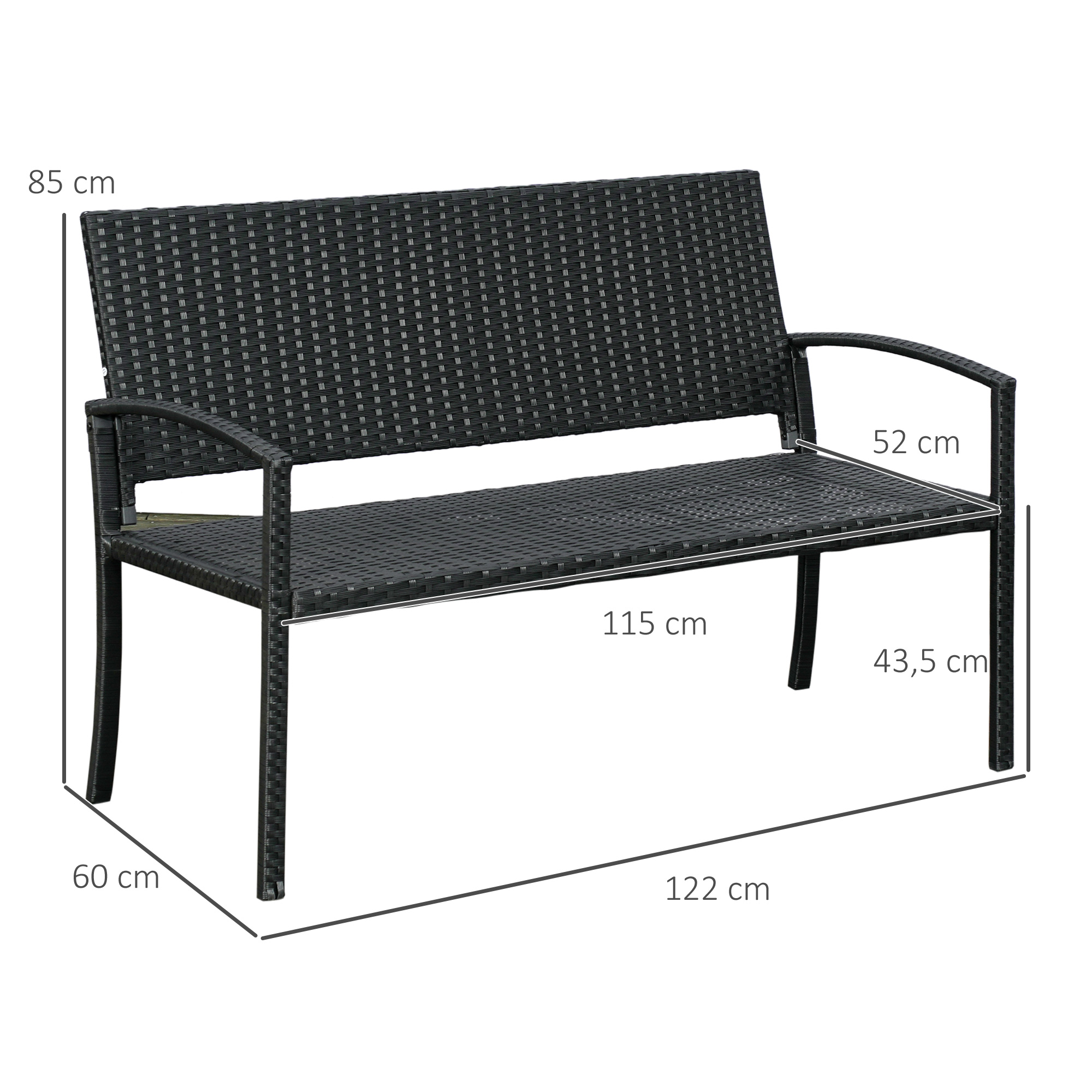 Gartenbank, in Rattanoptik, mit Stahlrahmen, für 2 Personen, Schwarz, 122 x 60 x 85cm