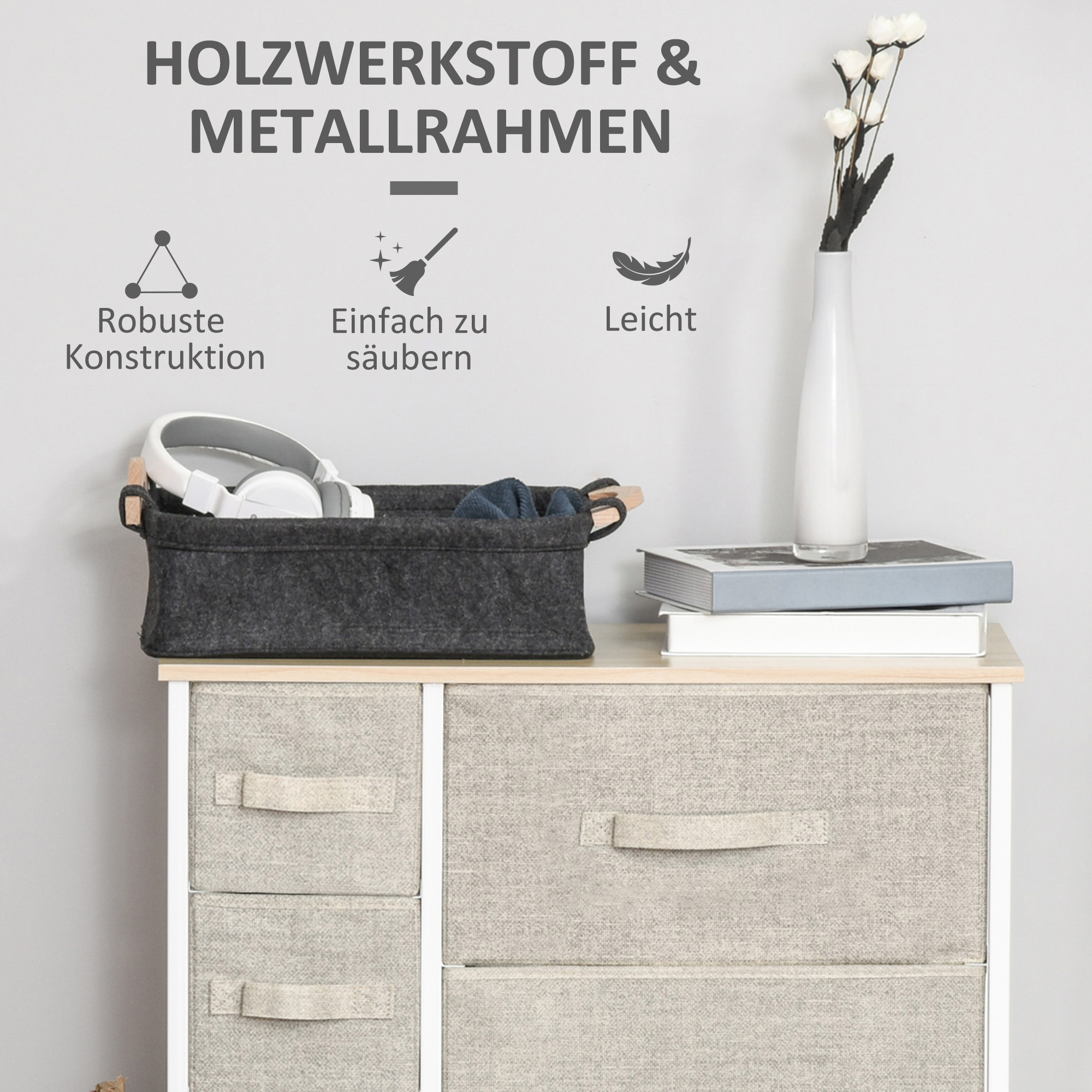 Kommode, Sideboard, 7 faltbare Stoffschubladen, Metallgestell, 63,5 x 30 x 71 cm, Hellgrau