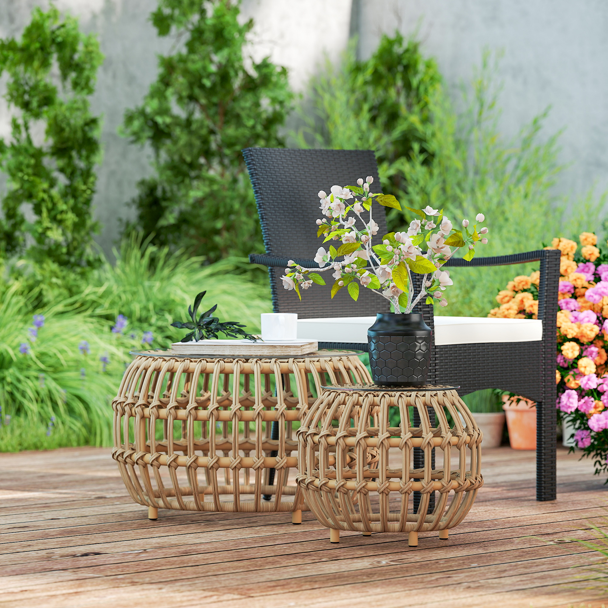 2er Set Beistelltisch Polyrattan Ø66/42 cm rund wetterfest Gartentisch mit Glasplatte Braun