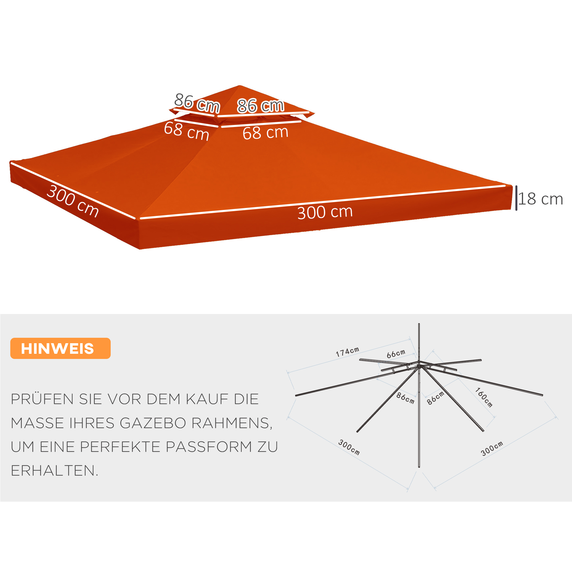 Ersatzdach für Pavillon 3x3m wasserabweisend Pavillondach für Metallpavillon Pavillon Ersatzdach Gartenpavillon Partyzelt Gartenzelt Polyester Rostrot