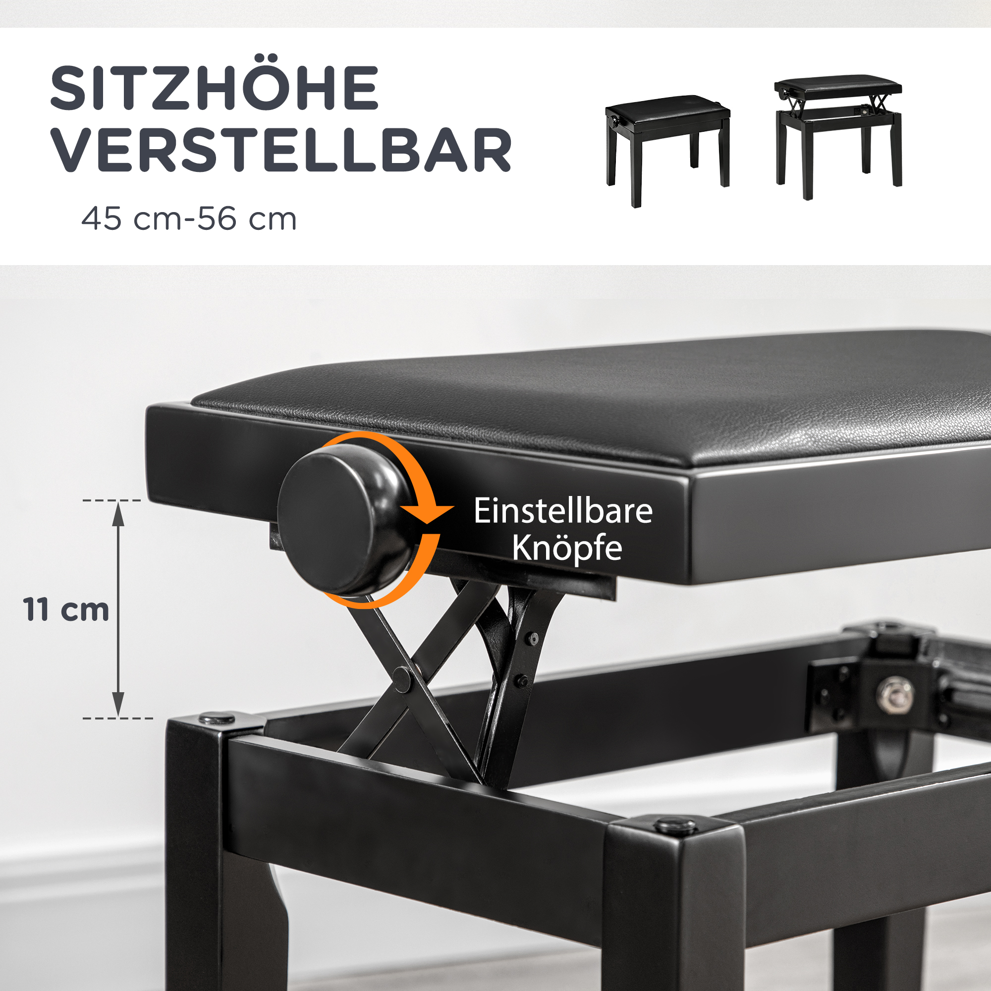 Klavierbank, Pianostuhl, höhenverstellbar, eleganter Hochglanz, Kunstleder+Kautschukholz, schwarz, 63 x 33 x 56cm