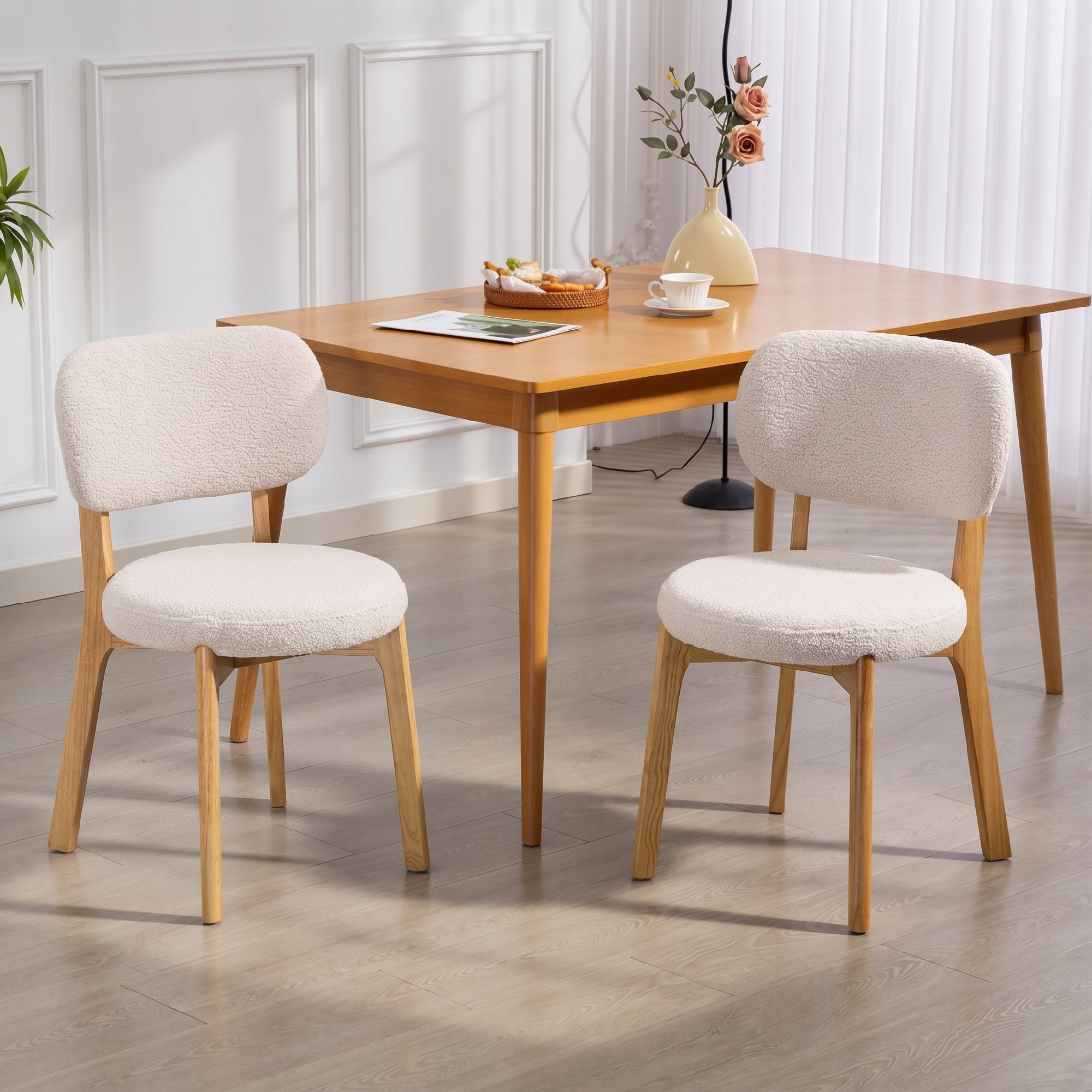 Esszimmerstühle 2er-Set, Küchenstuhl mit breitem Sitz, geschwungener Rückenlehne, für Wohnzimmer, Esszimmer, Creme