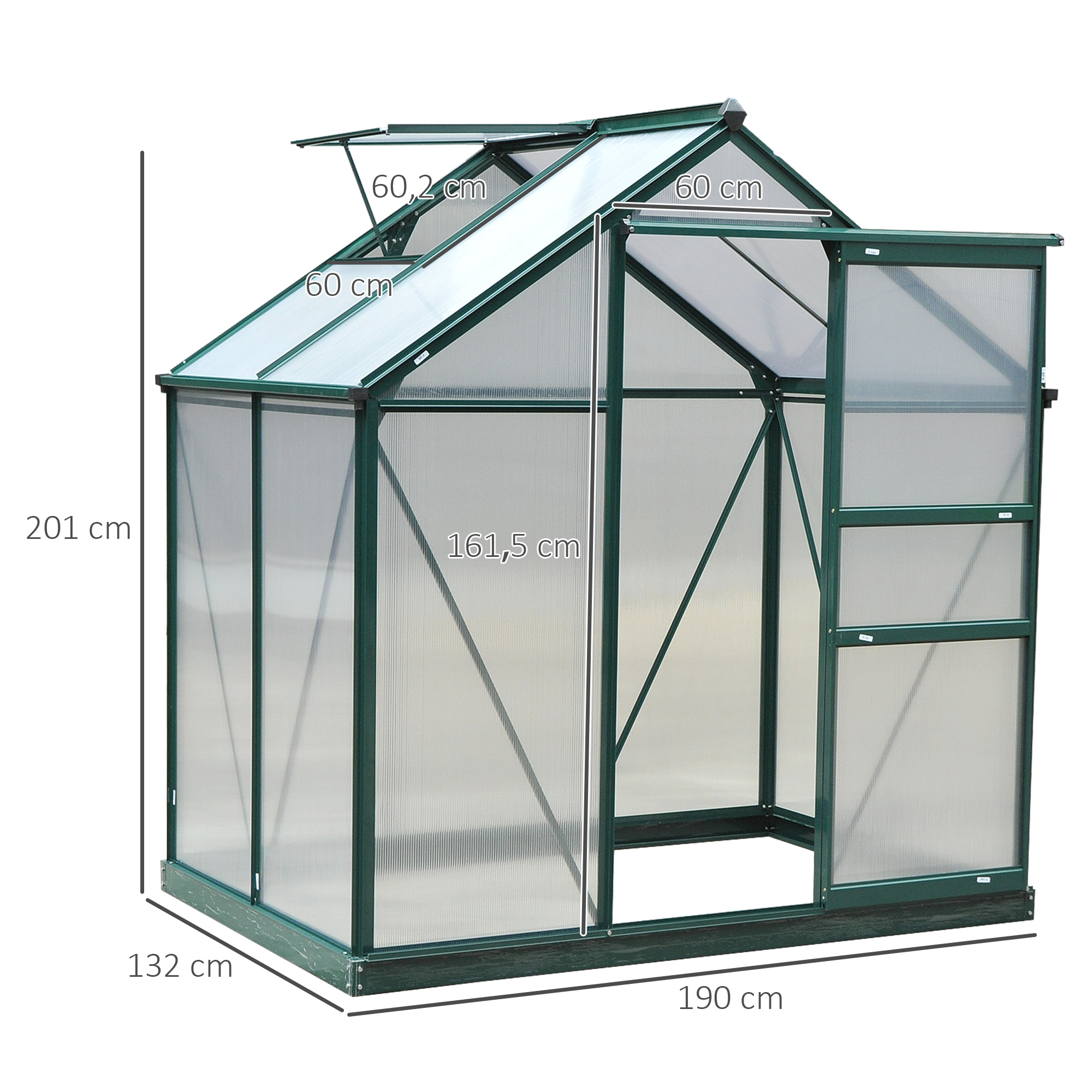 Gewächshaus mit Dachfenster Aluminium Treibhaus 190 cm x 132 cm x 201 cm Grün + Transparent