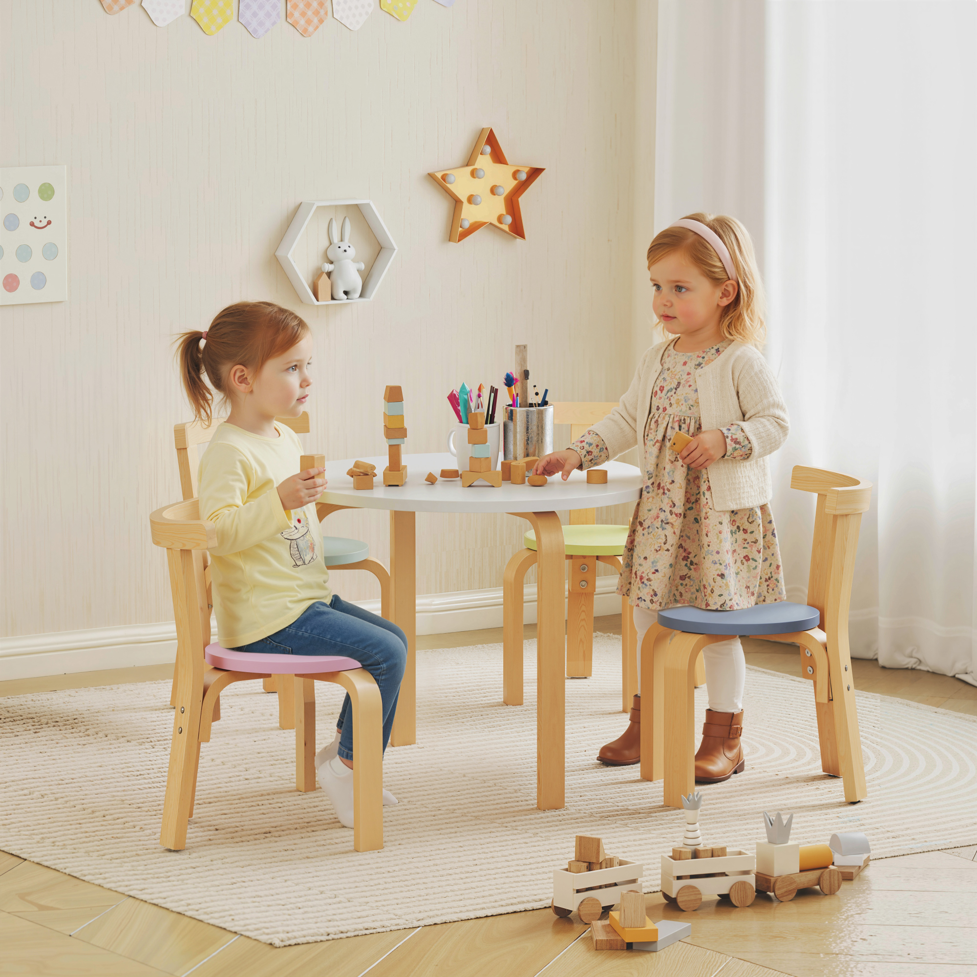 5-teiliges Kindertisch- und Stuhlset, leichtes Massivholz, Bunt